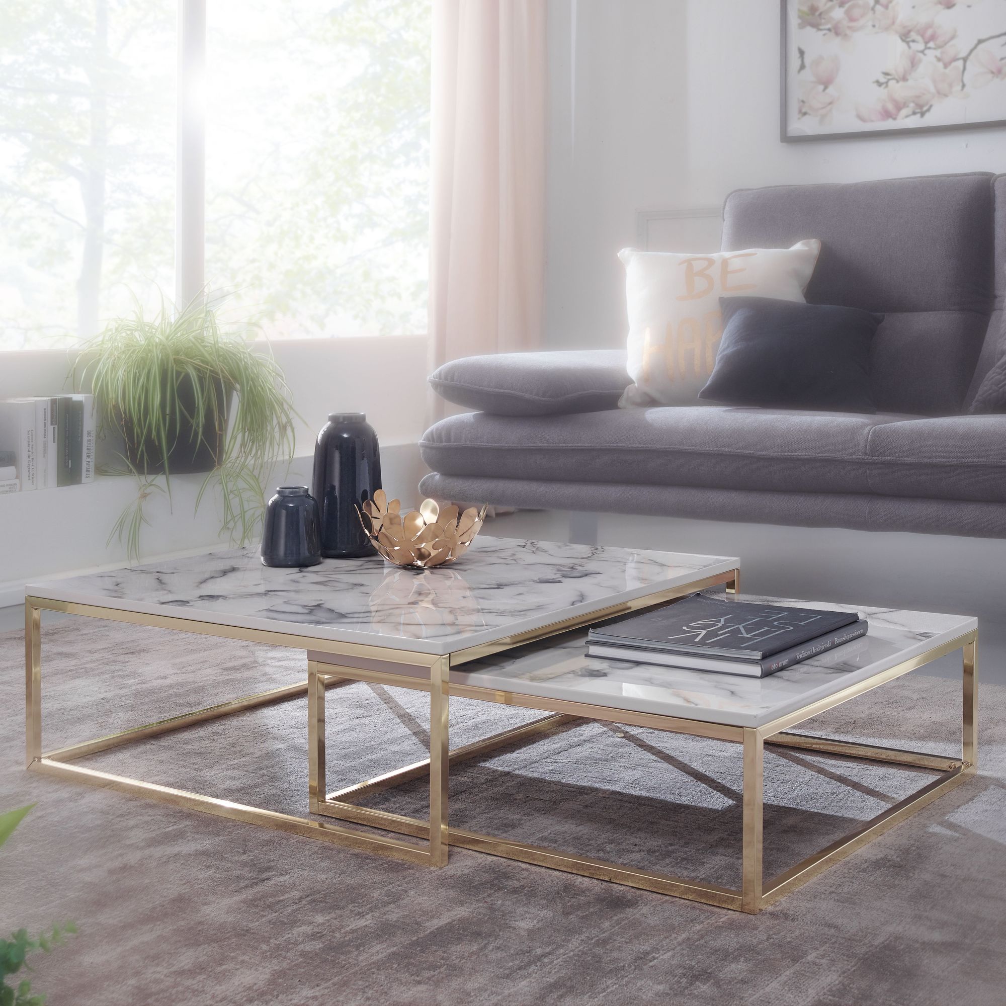 Couchtisch 2er Set FineBuy Satztisch Wei&szlig; Marmor Optik Modern Metallgestell 