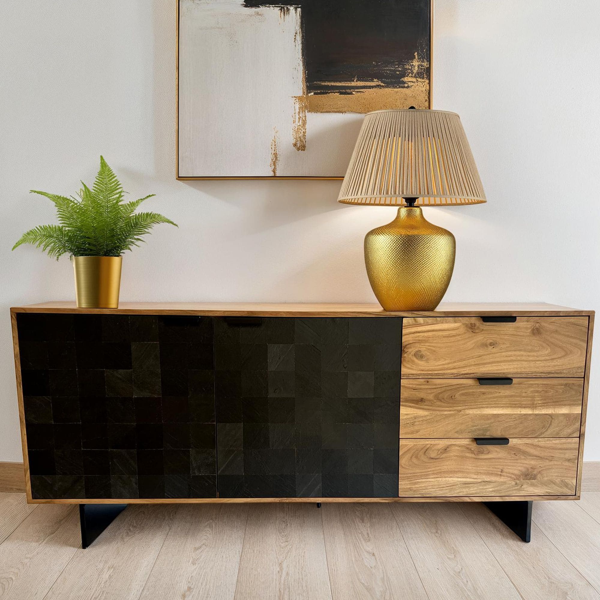 Sideboard FineBuy 175 cm Massivholz Steinoptik Kommode Anrichte T&uuml;ren Schubladen 