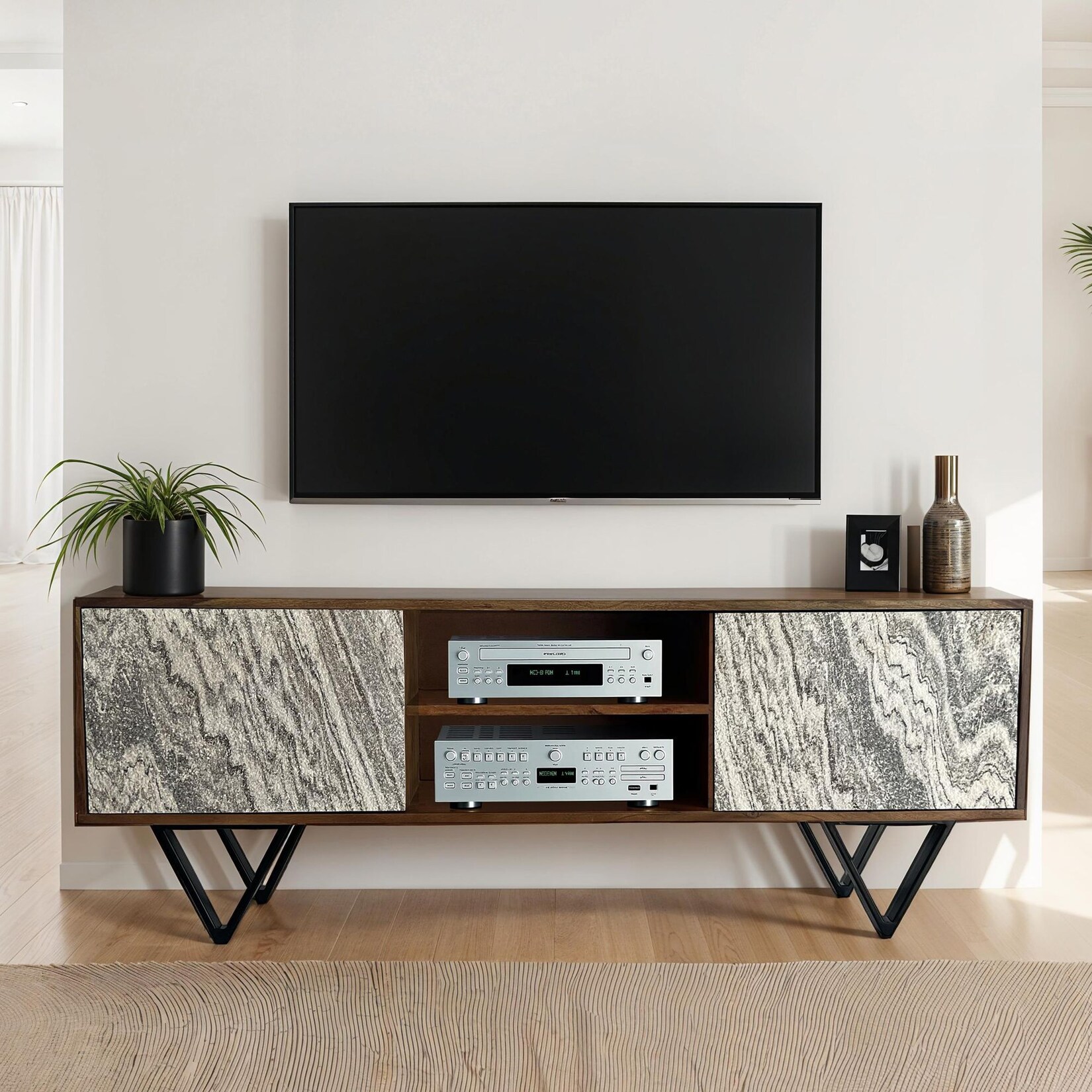 TV Schrank FineBuy Lowboard 150 cm Holz Massiv Fernsehkommode Fernsehschrank
