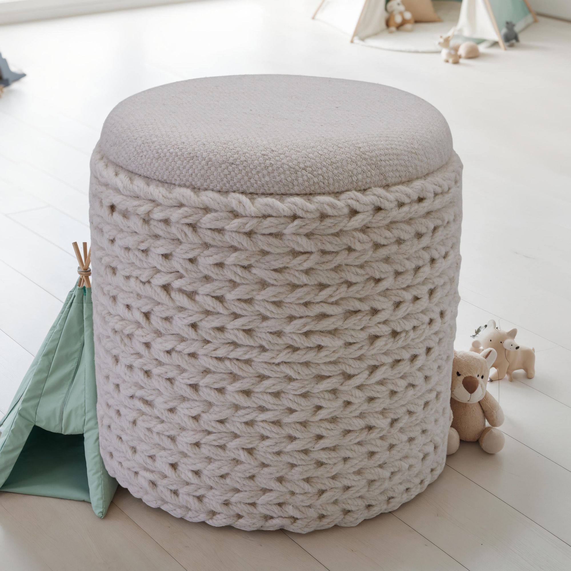 Sitzhocker FineBuy Hocker mit Stauraum Wolle rund 40x40x45 cm Creme Wei&szlig; Boho 