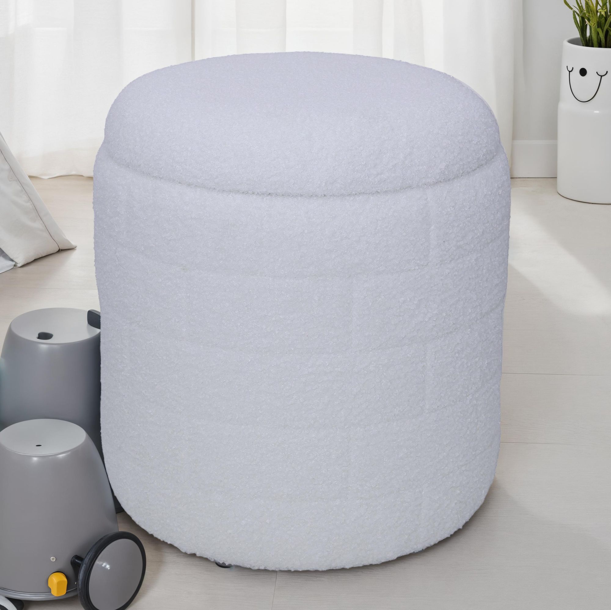 Sitzhocker FineBuy Stoffhocker mit Stauraum 40 cm Wei&szlig; rund abnehmbarer Deckel 