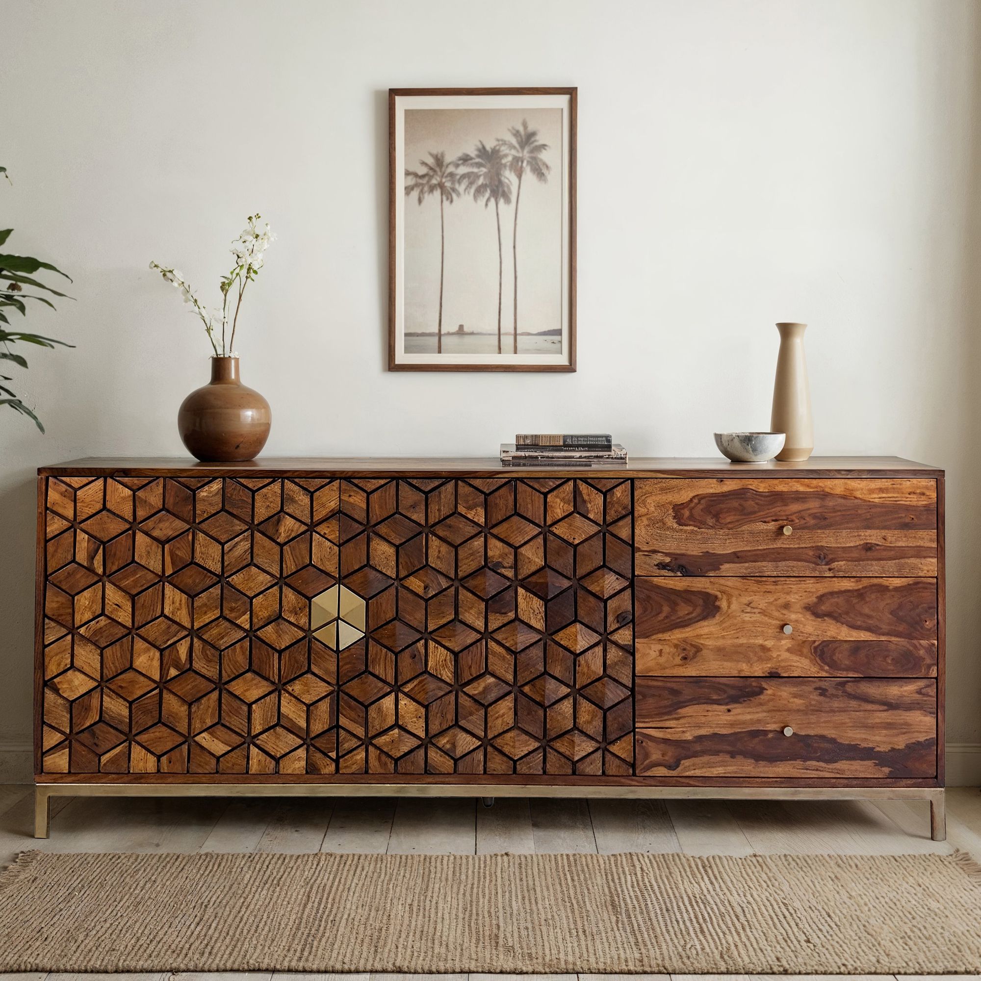 Sideboard FineBuy Anrichte Sheesham Massivholz 180 cm Kommode T&uuml;ren Schubladen 