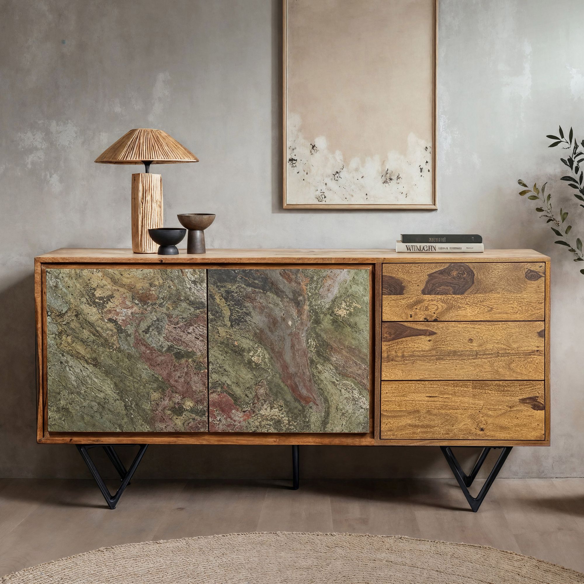 Sideboard FineBuy Kommode Sheesham Massivholz 150 cm T&uuml;ren Steinoptik Schubladen 