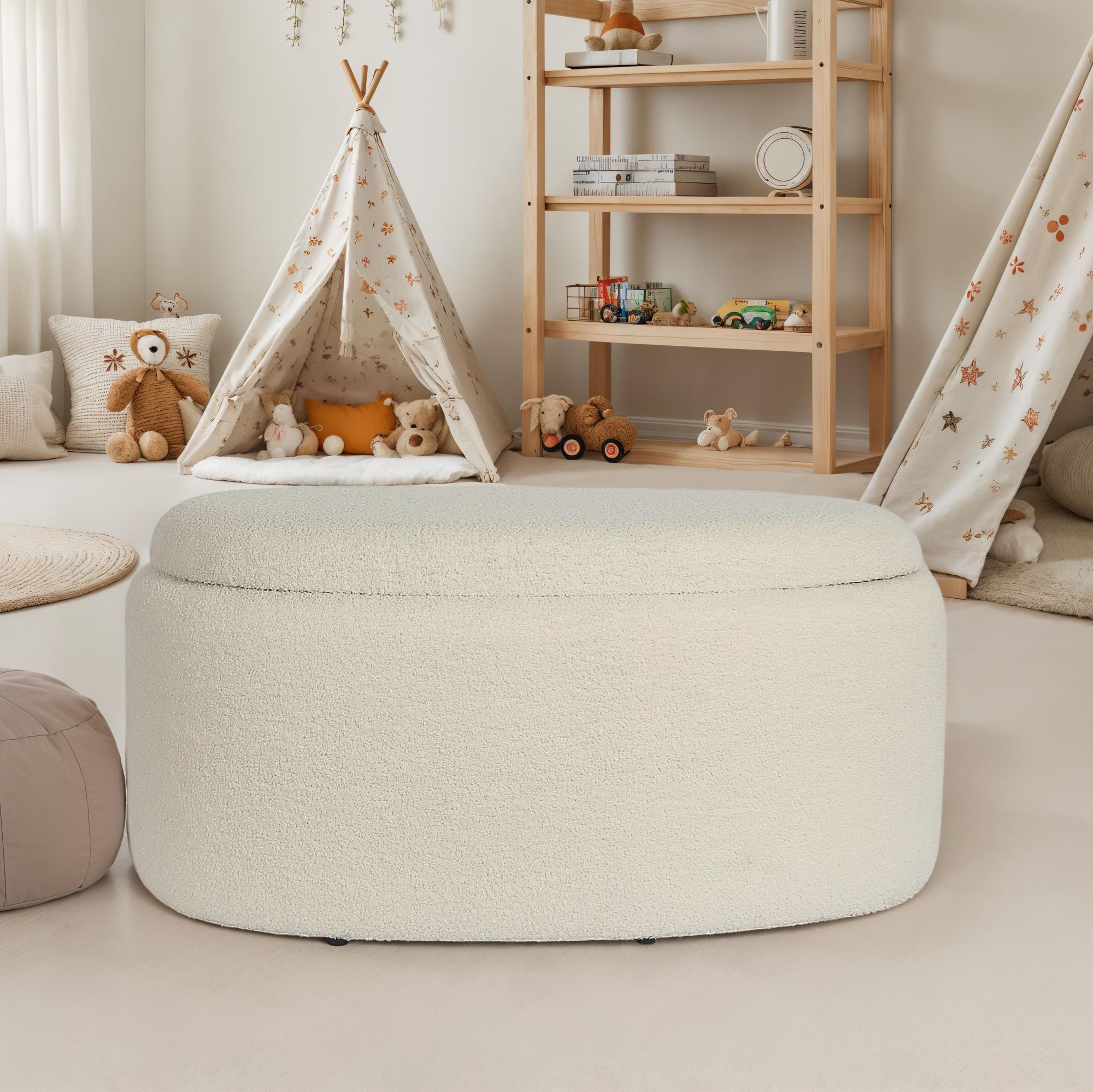 Sitzhocker FineBuy Polsterhocker Stoff mit Stauraum oval 81 cm Creme modern 