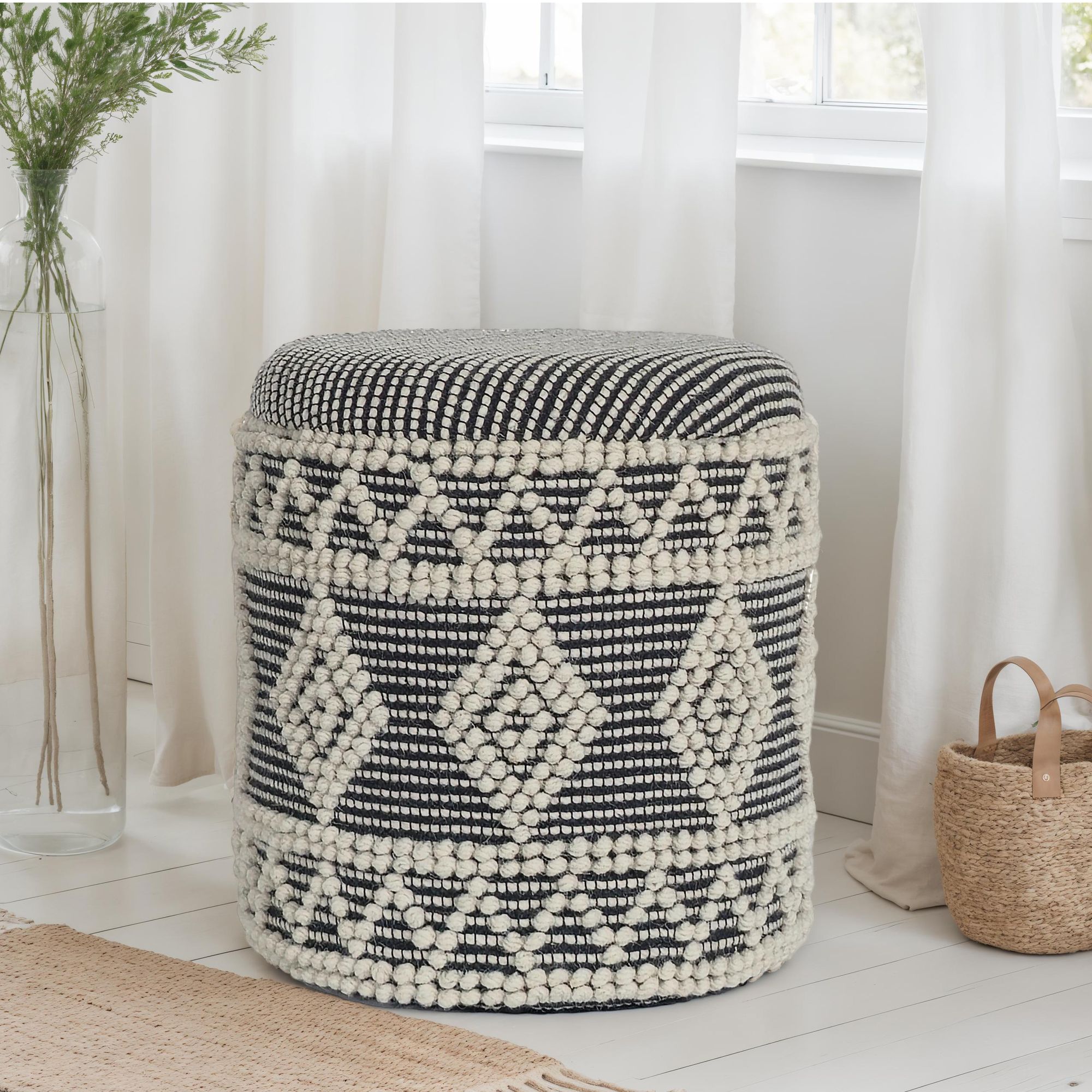 Sitzhocker FineBuy Polsterhocker Wolle Rund Grau 40 cm Boho Hocker mit Stauraum 