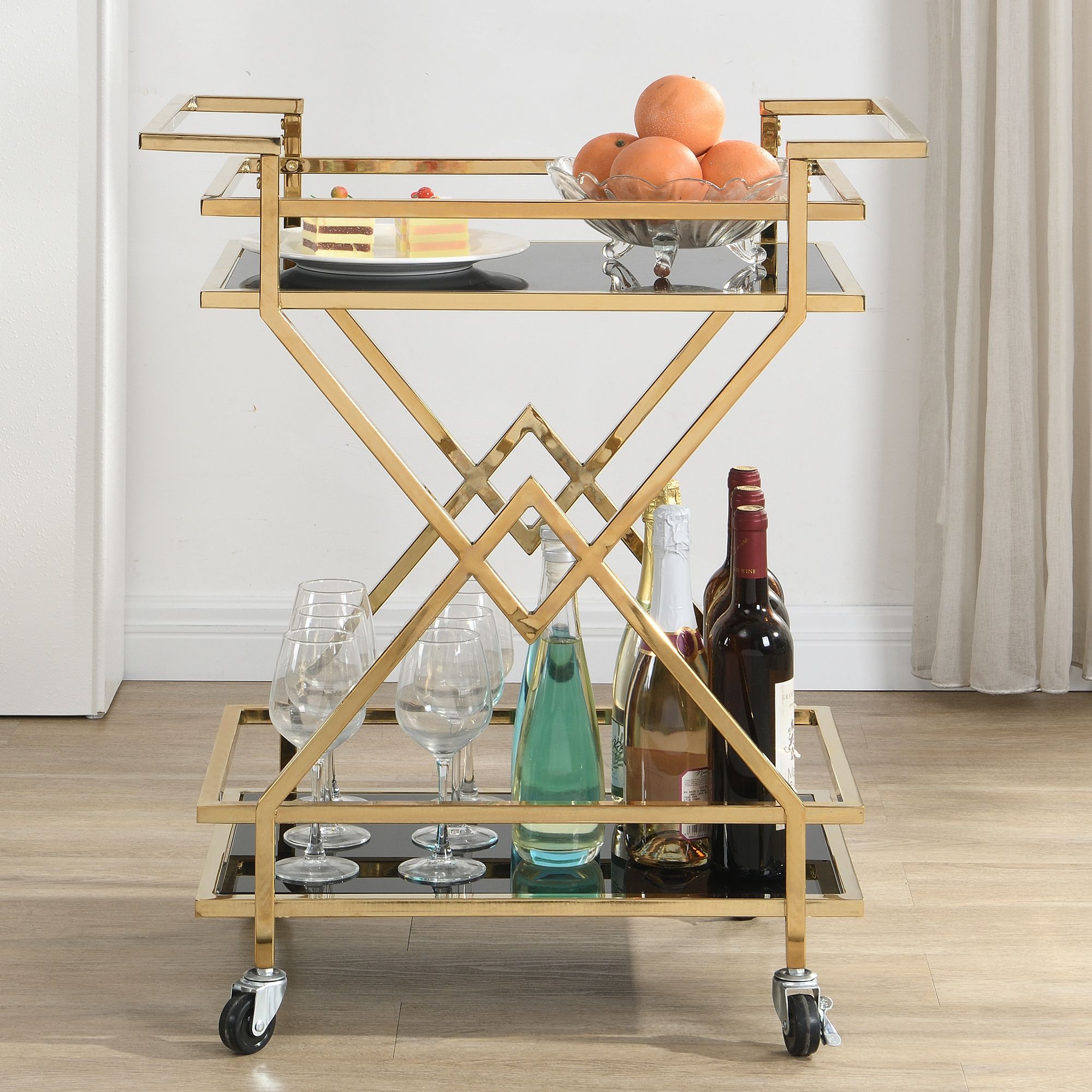 Servierwagen FineBuy Moderner Barwagen mit Rollen Gold Glas Metall 65x80x40 cm 