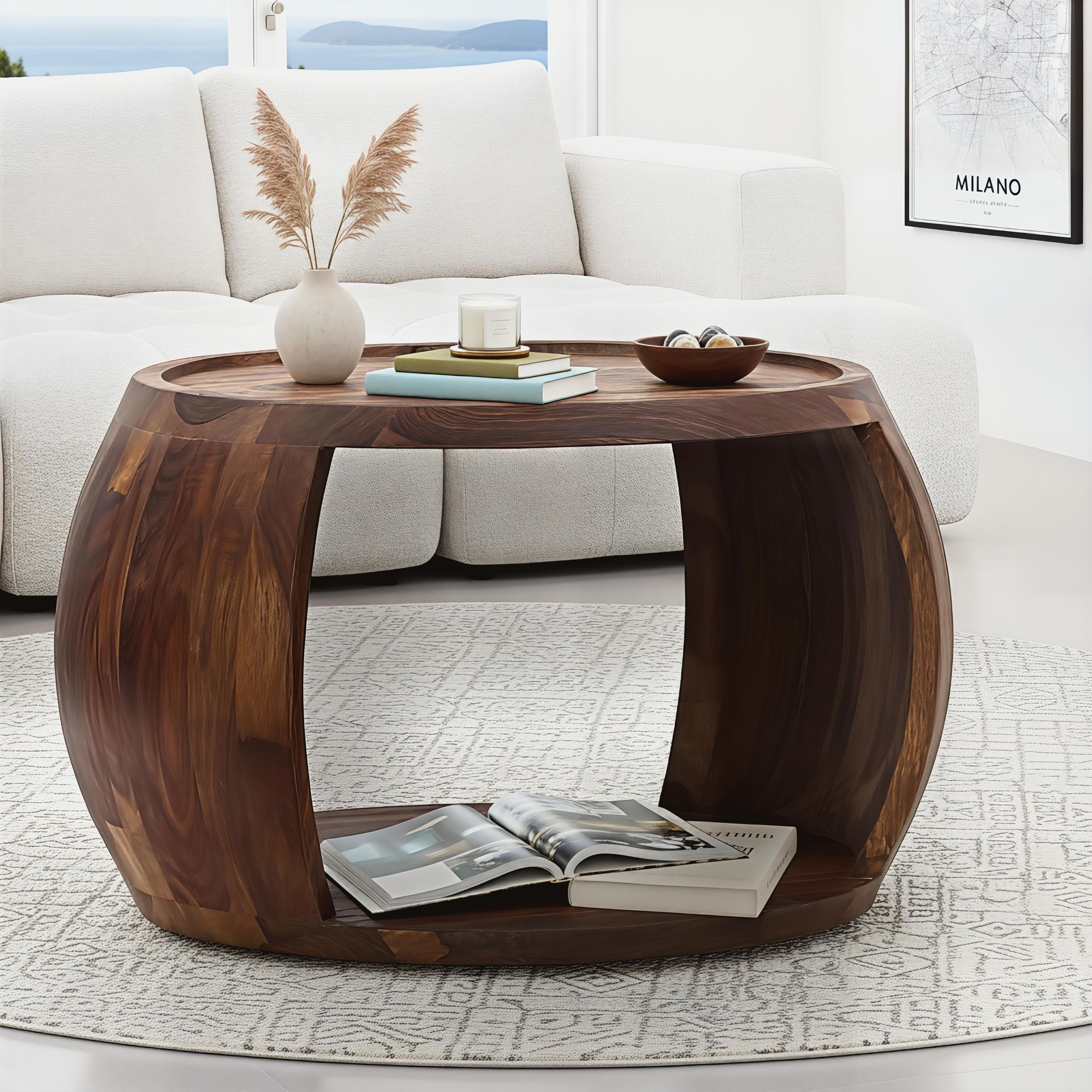 Couchtisch Sheesham Massivholz rund 60 cm Wohnzimmertisch Ablagefach Landhaus 