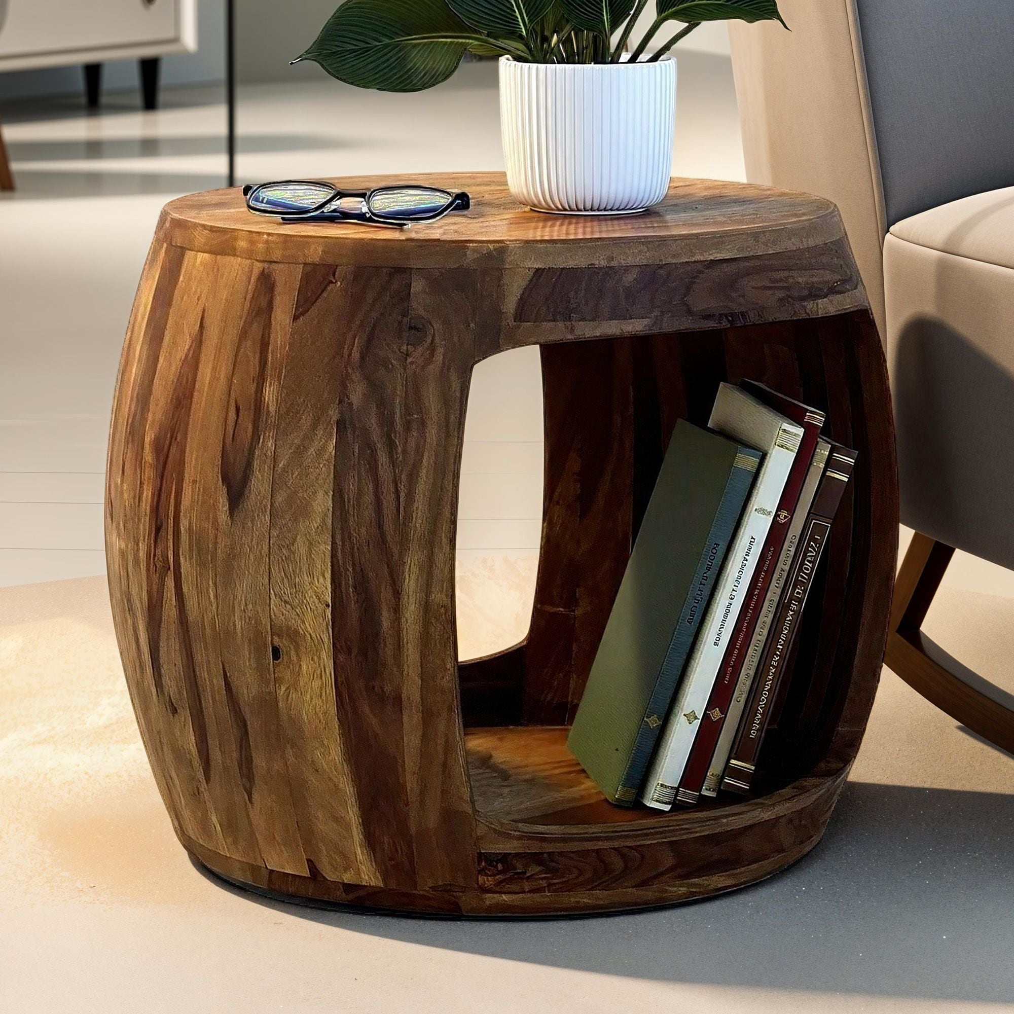 Beistelltisch &Oslash; 50cm Sheesham Massivholz rund Ablage Couchtisch Wohnzimmertisch 