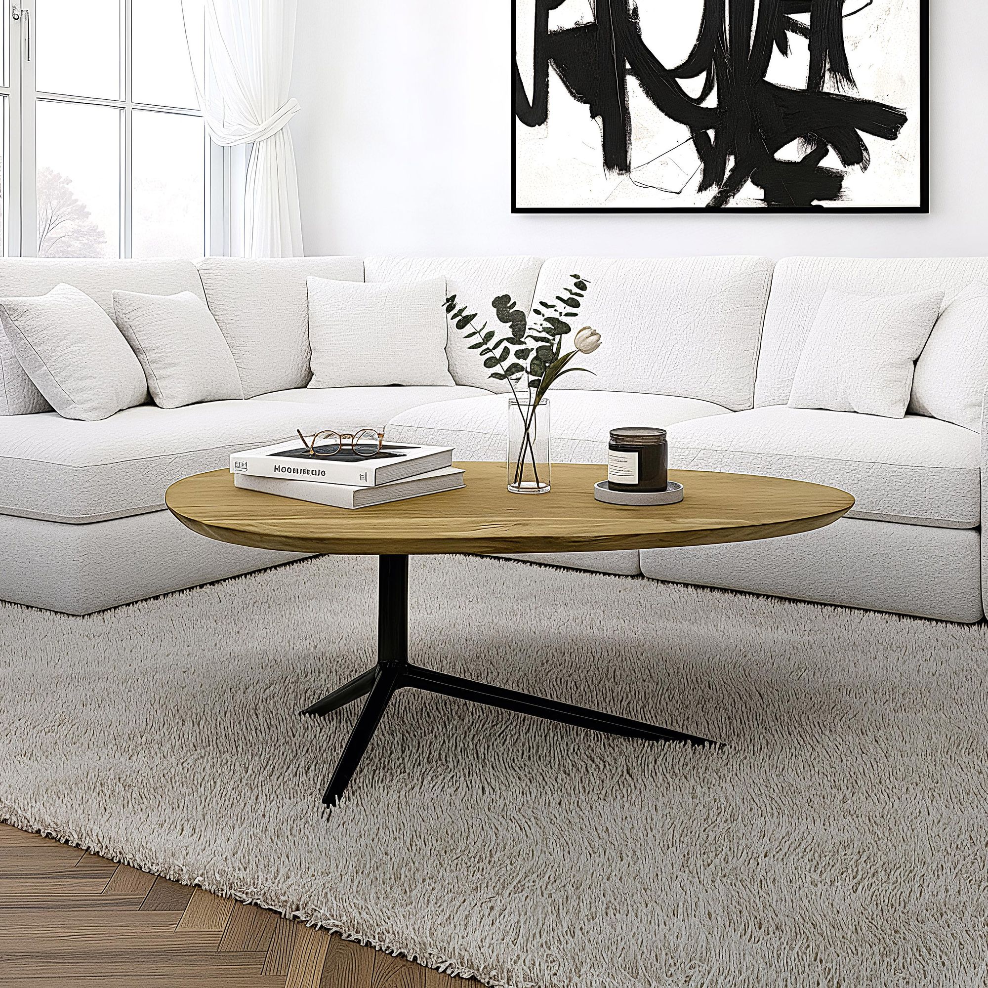 Design Couchtisch Akazie Massivholz 87cm oval Wohnzimmertisch Metallgestell 