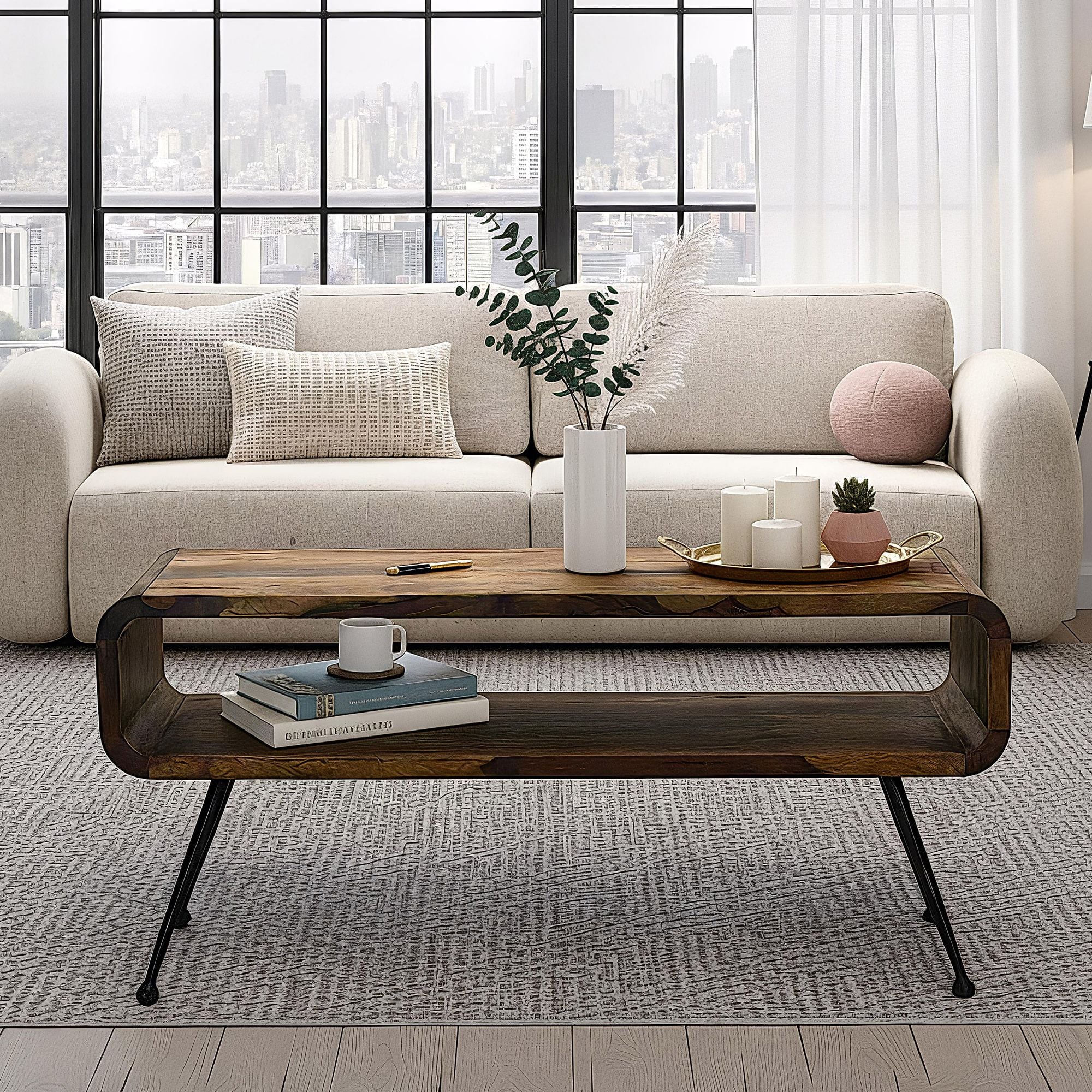 Couchtisch Sheesham Massiv Metallbeinen 100cm Industrial Retro Wohnzimmertisch 