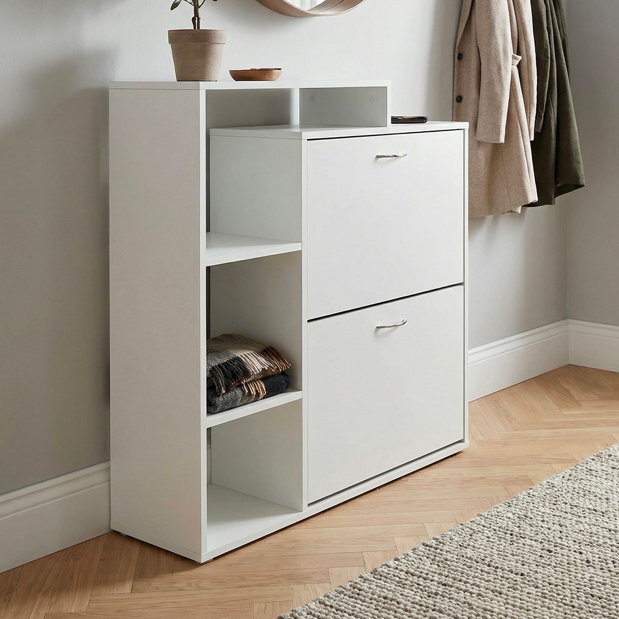 Schuhkipper Holz 2 F&auml;cher Wei&szlig; 12 Paar Schuhe Schuhschrank Schuhkommode Ablage 