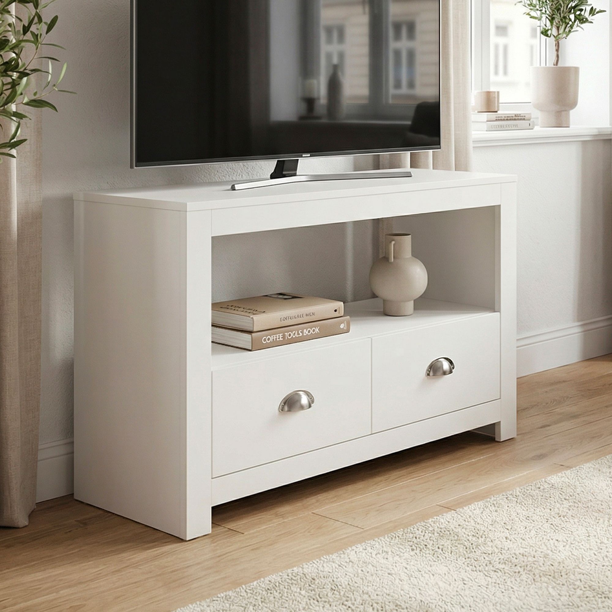 Lowboard Wei&szlig; 85cm TV Board Schubladen Fernsehunterschrank Fernsehschrank Modern 