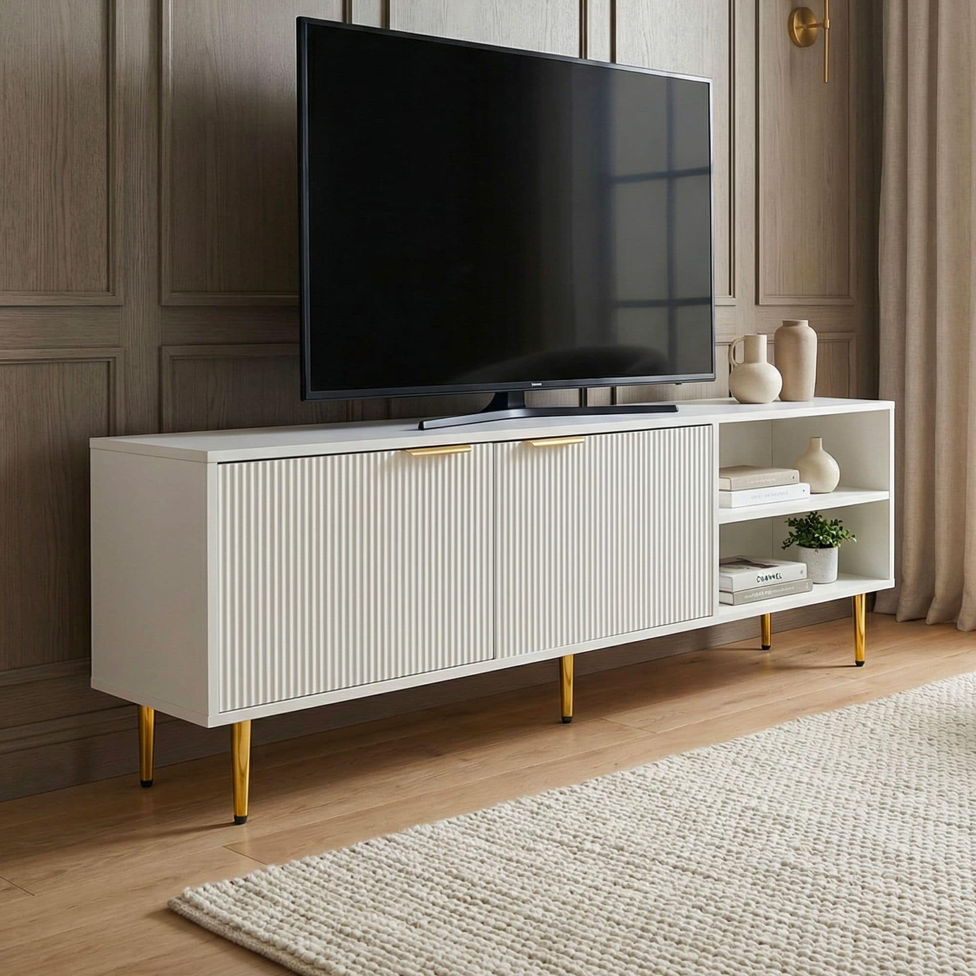 Lowboard 150cm TV Kommode Schrank Wei&szlig; T&uuml;ren Fernsehkommode Fernsehunterschrank 
