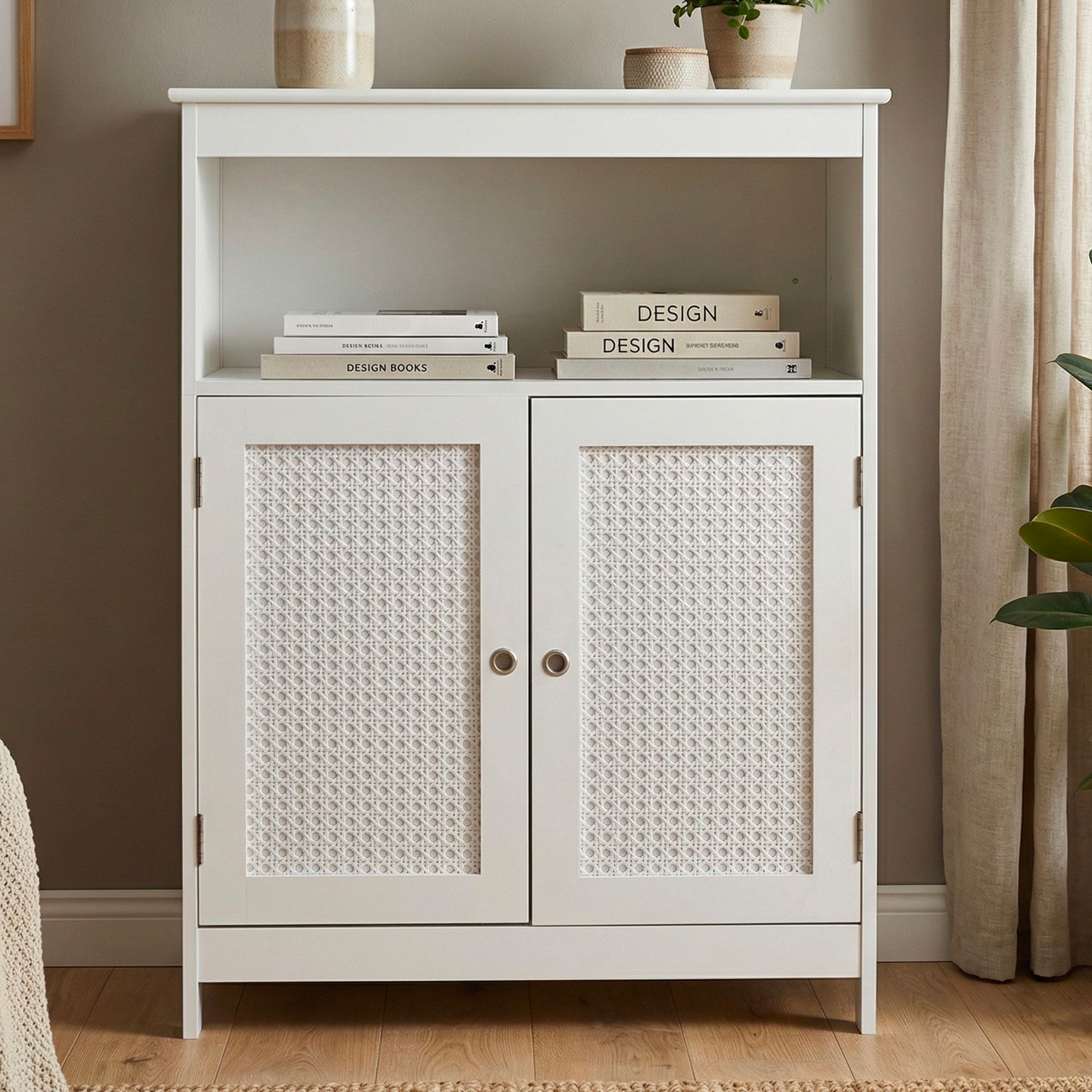 Standregal Wei&szlig; Wohnregal T&uuml;ren Wiener Geflecht Stauraumregal Schrank Kommode 