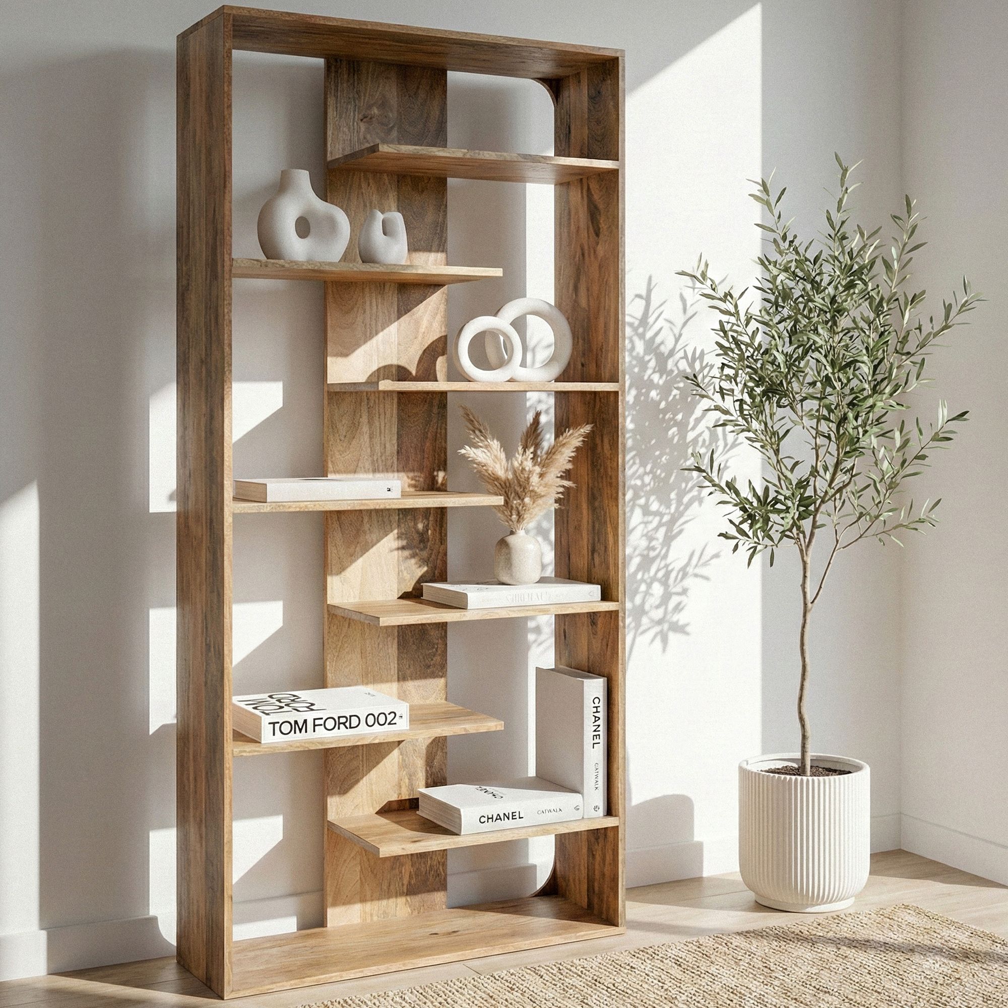 B&uuml;cherregal Massivholz Stauraumregal 200cm Wohnregal modern hoch Standregal 