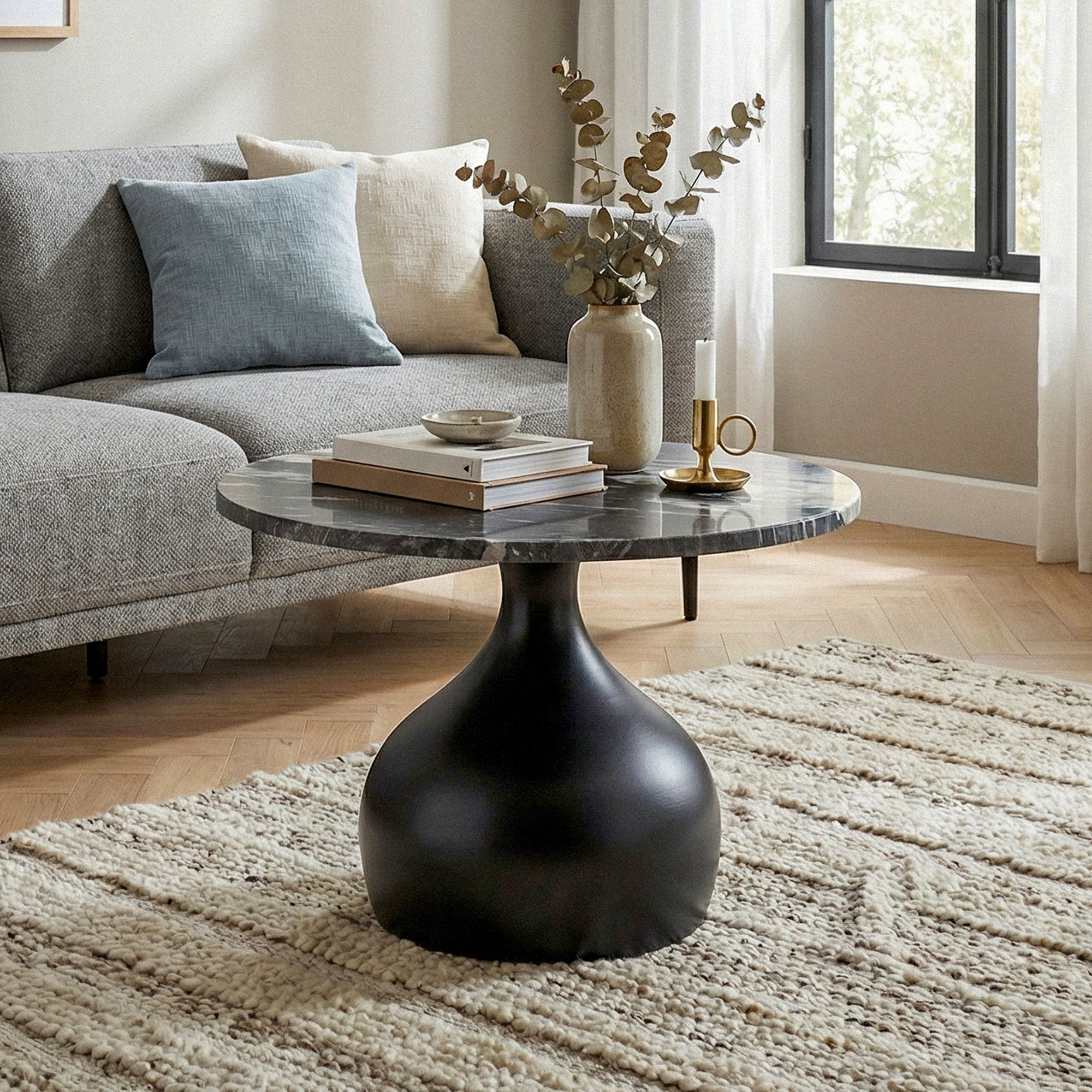 Couchtisch mit Marmor Platte schwarz Wohnzimmertisch Sofatisch Metall rund 60cm 