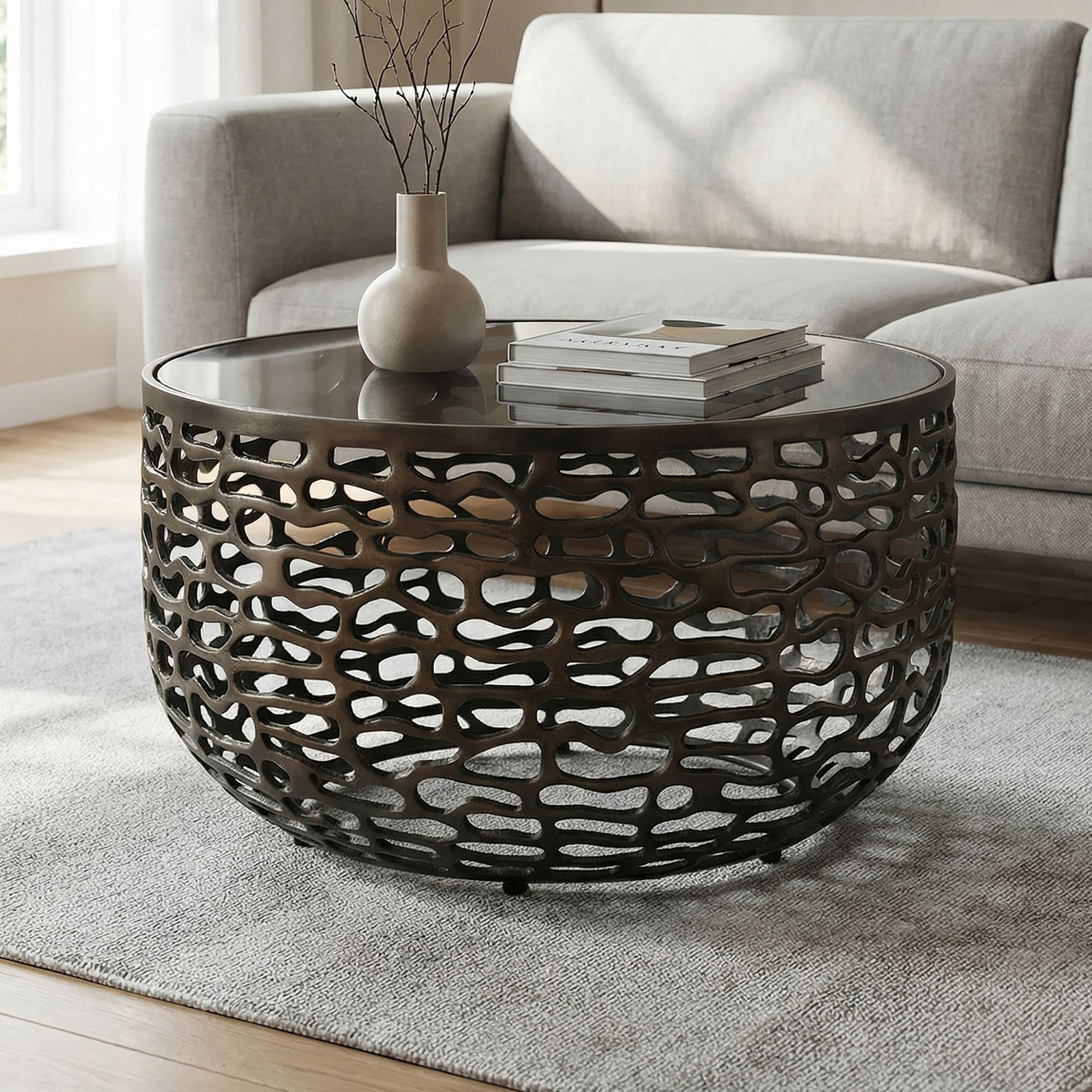 Couchtisch 60cm Alu Sofatisch Glas Wohnzimmertisch Beistelltisch Rund Metall 