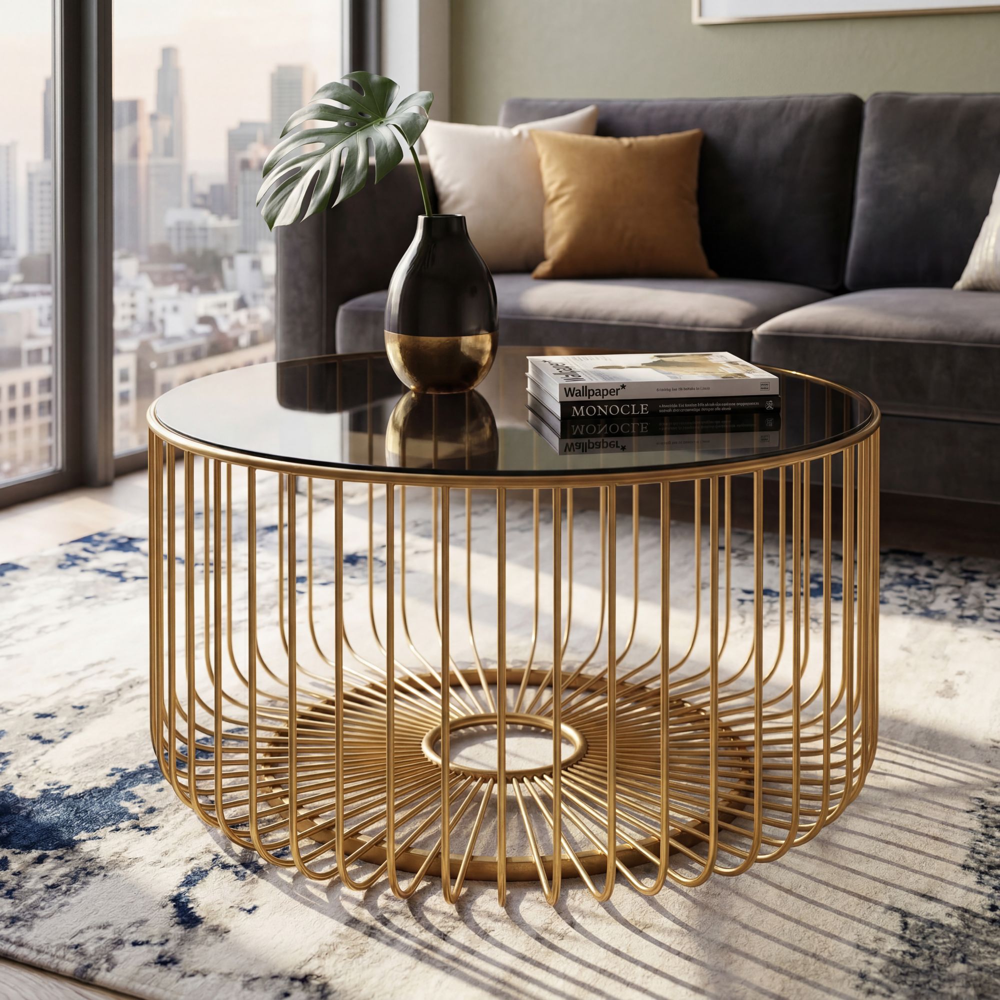 Couchtisch 60cm Sofatisch Metall Glas Wohnzimmertisch Beistelltisch Rund Gold 
