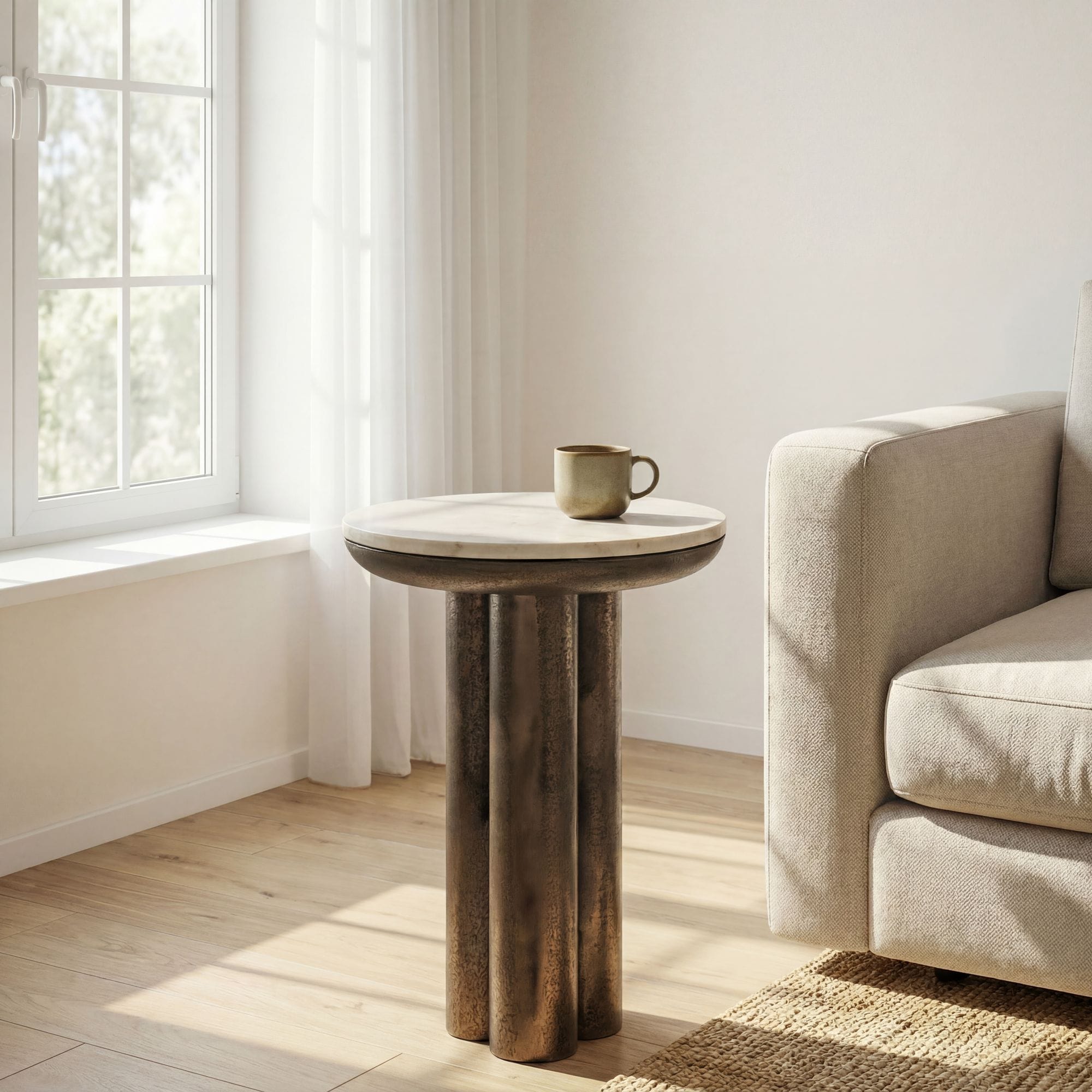 Beistelltisch 36cm mit Marmor Platte wei&szlig; Wohnzimmertisch Couchtisch Metall Rund 