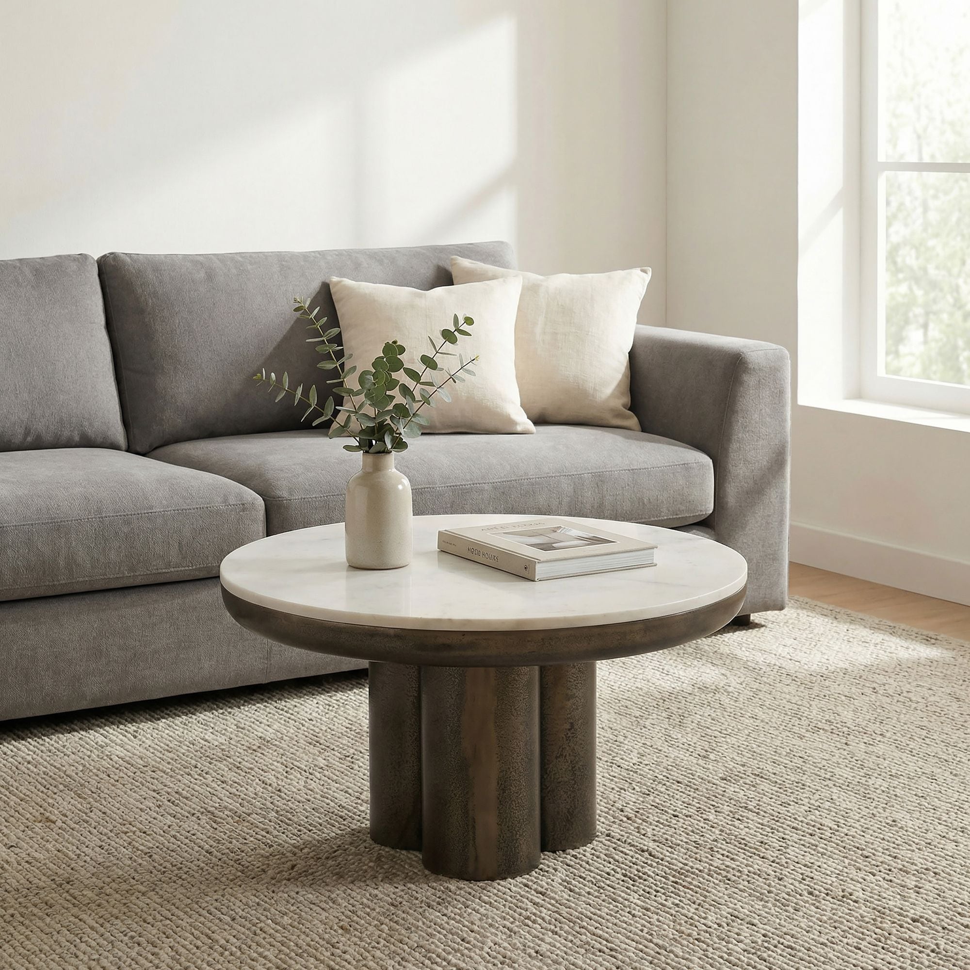 Couchtisch 60cm mit Marmor Platte wei&szlig; Wohnzimmertisch Beistelltisch Metall Rund 