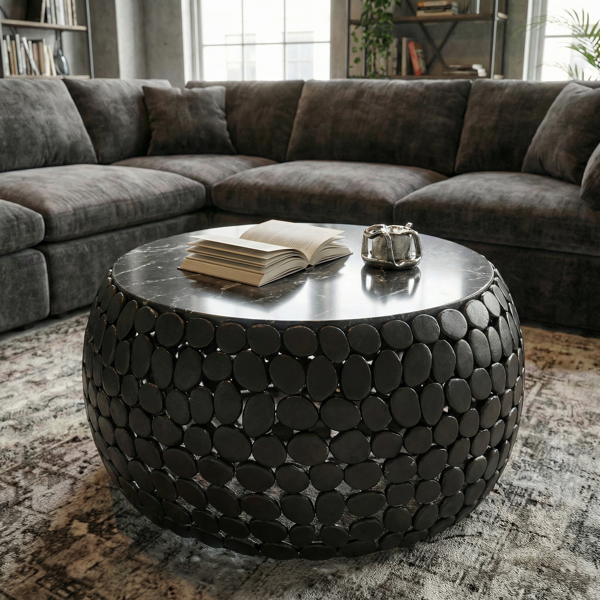 Couchtisch rund 65cm Sofatisch Aluminium schwarz Metall Marmor Wohnzimmertisch 