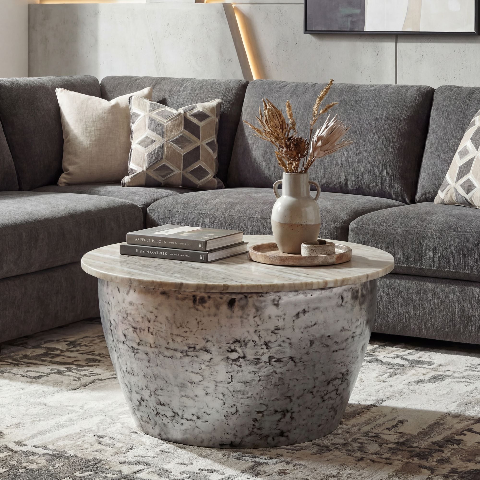 Couchtisch 60cm mit Marmor Platte wei&szlig; Wohnzimmertisch Beistelltisch Rund Silber 