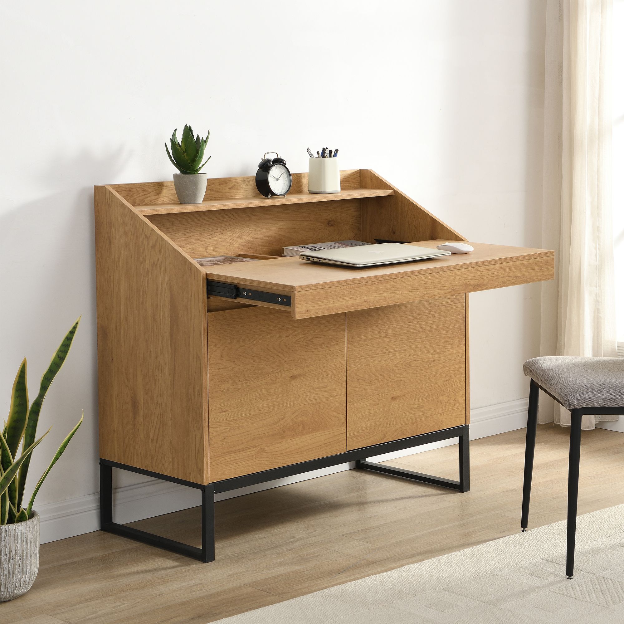 Sekret&auml;r MDF 100cm Eiche Dekor Kompakt Schreibtisch mit Stauraum Home Office 