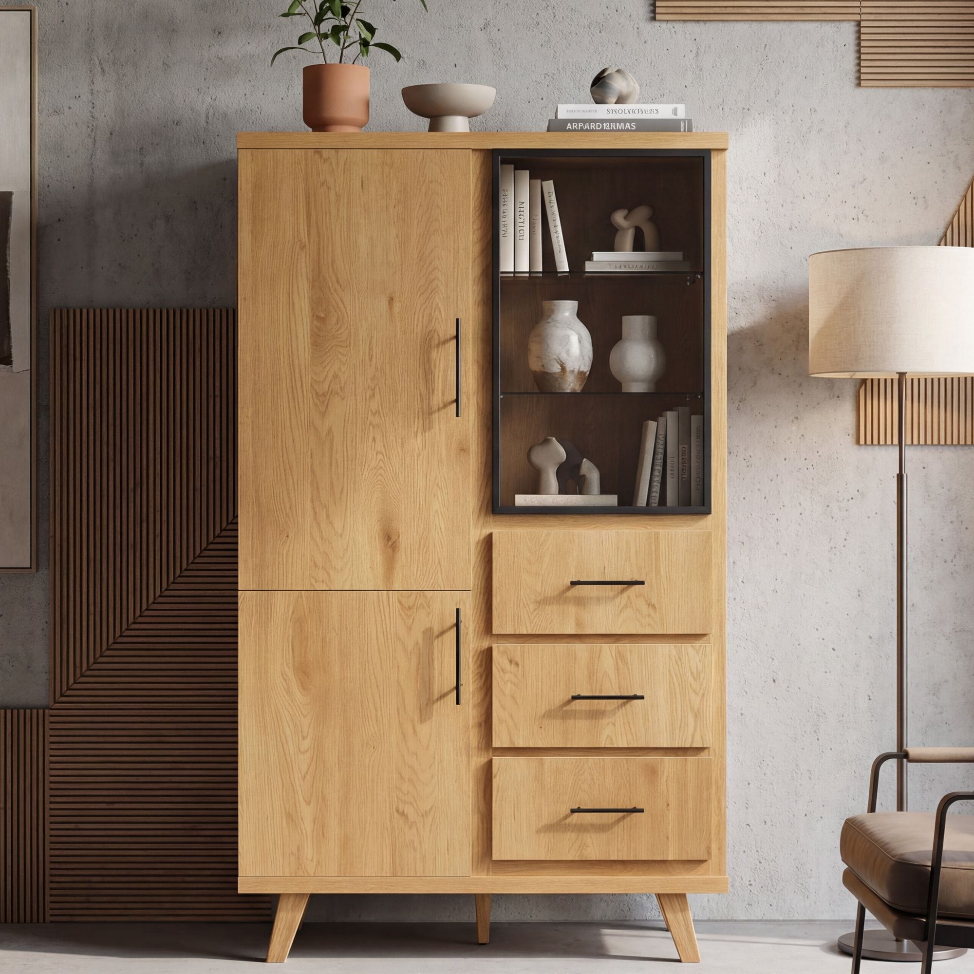 Hochschrank 188cm Eiche Dekor Standschrank mit T&uuml;ren Schubladen Mehrzweckschrank 