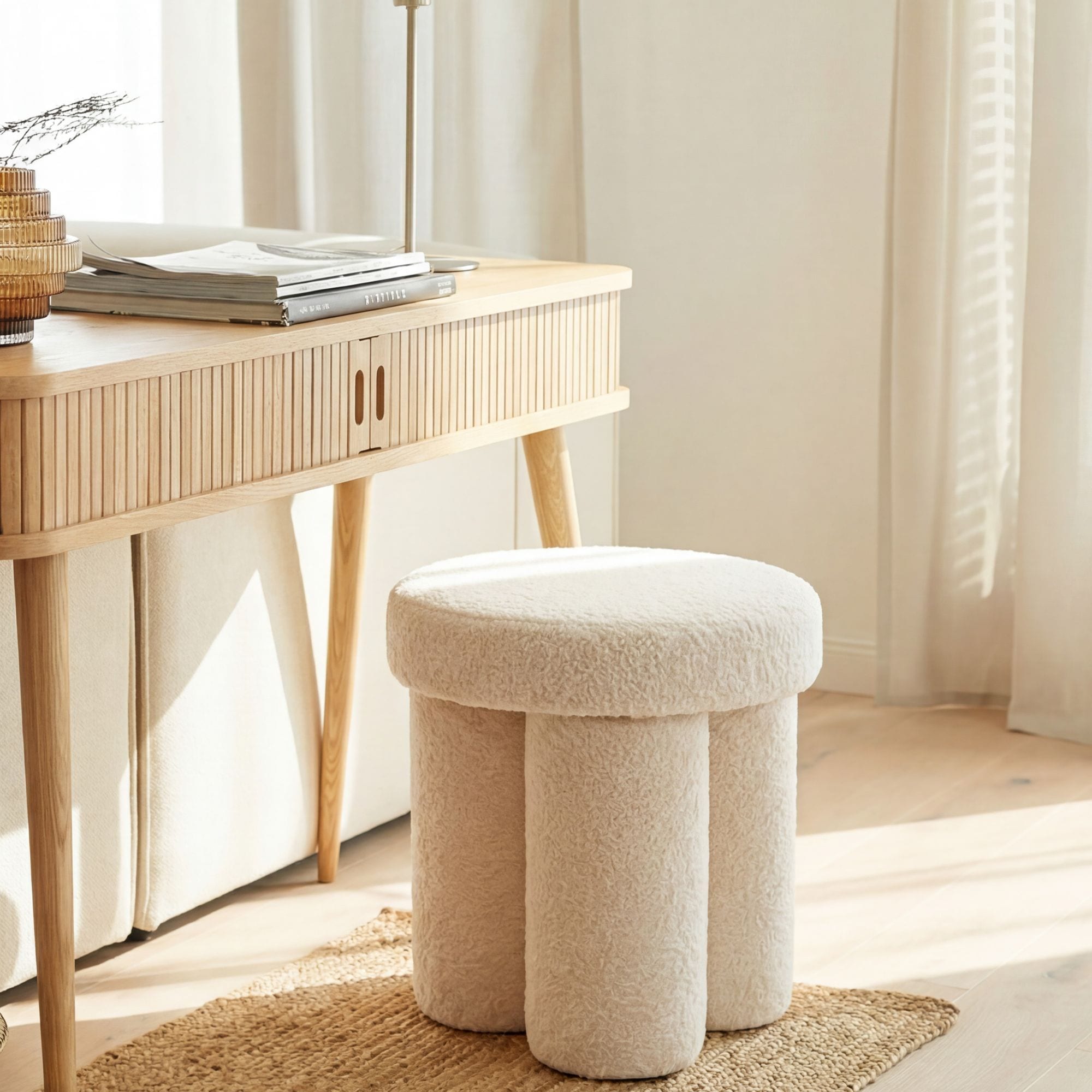 Sitzhocker Teddy Stoff 40cm Creme Stoffhocker Rund Polsterhocker Beistellhocker 