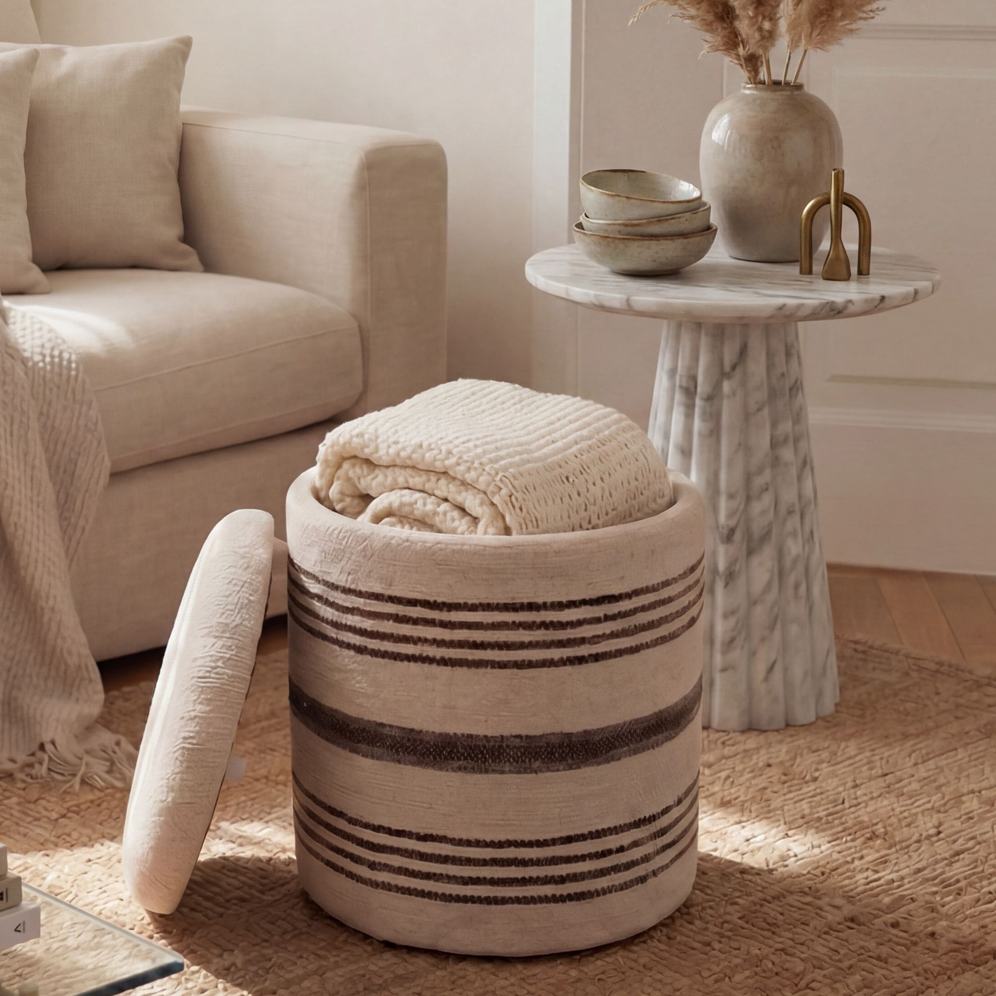 Sitzhocker mit Stauraum Wolle 40cm Beige Stoffhocker Rund Polsterhocker Stoff 
