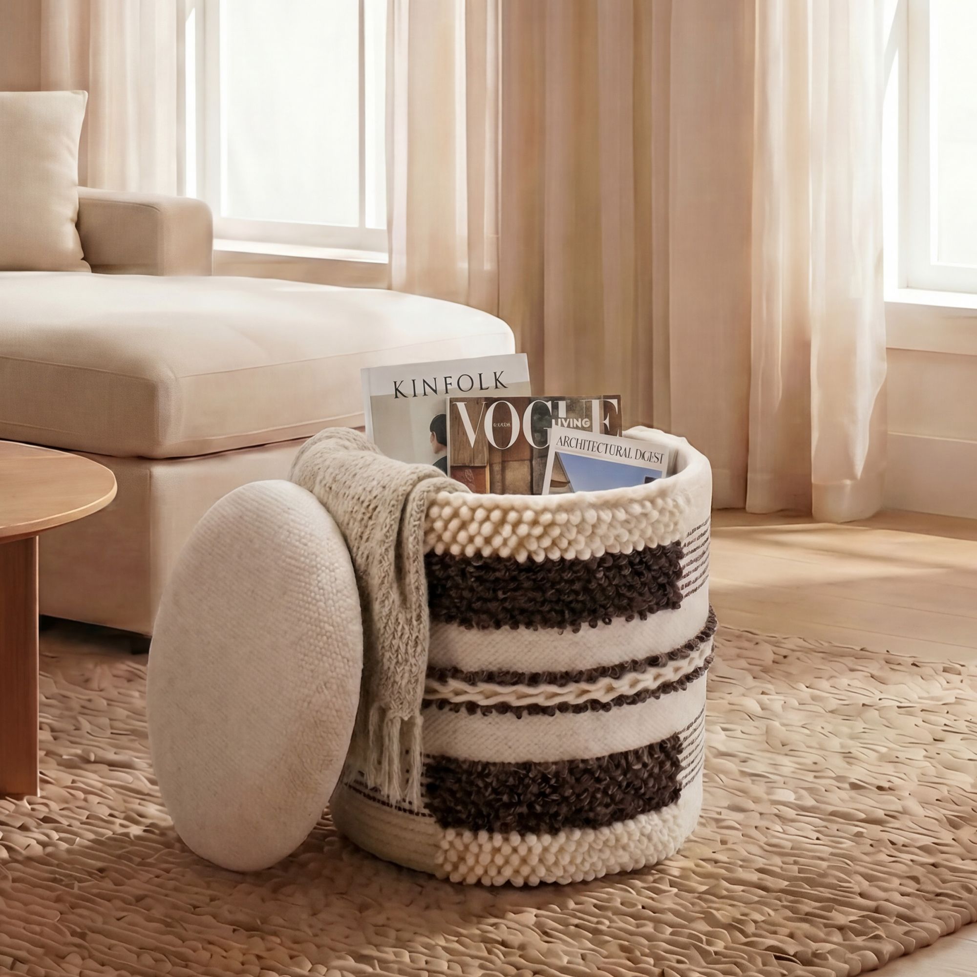 Sitzhocker mit Stauraum Wolle 40cm Beige Stoffhocker Rund Polsterhocker Stoff 