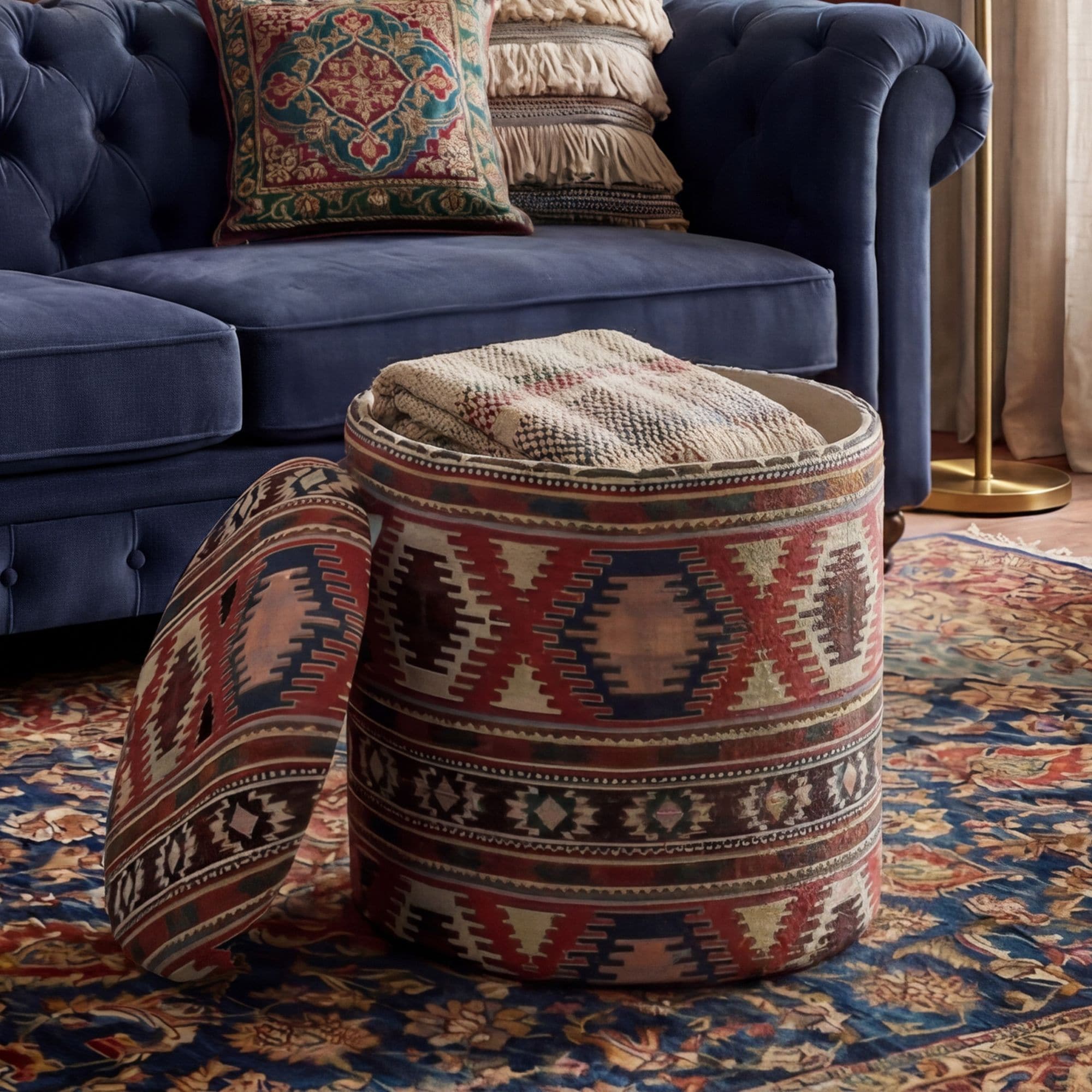 Sitzhocker mit Stauraum Stoff 40cm Bunt Stoffhocker Rund Polsterhocker Hocker 