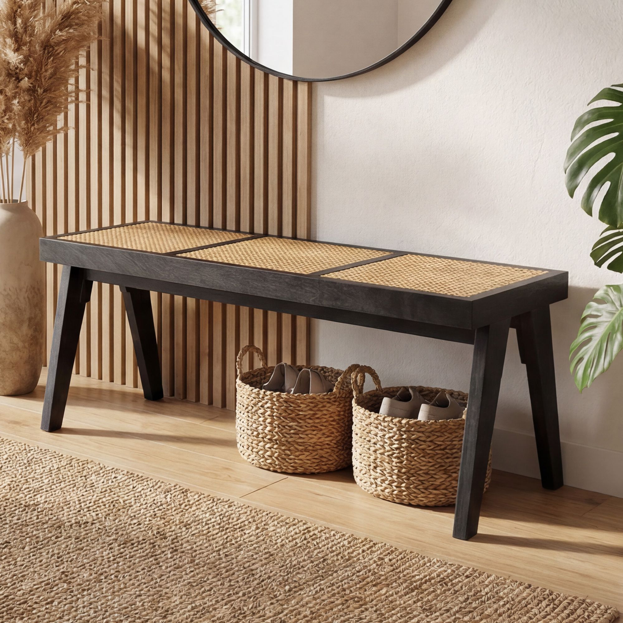 Sitzbank Rattan Massivholz 120cm Bettbank Holzbank Flurbank Design Bank Handmade 