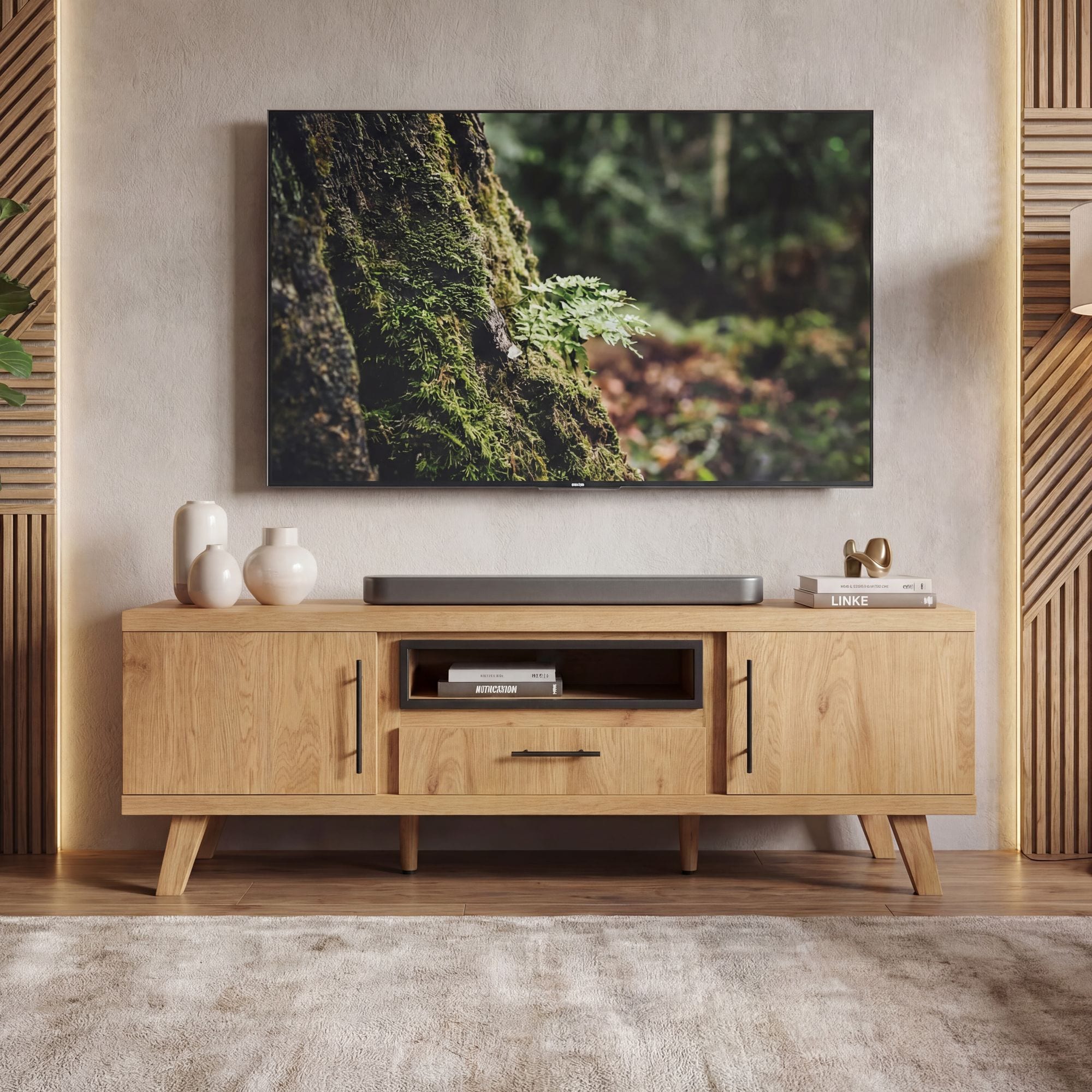 TV Board Lowboard Fernsehschrank Eiche Dekor 150cm TV Schrank T&uuml;ren Schublade 