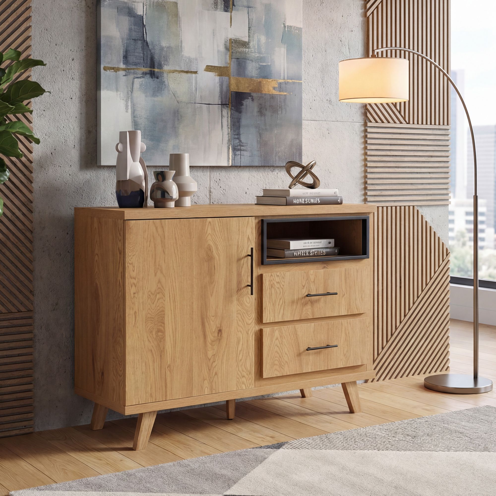 Sideboard Eiche Dekor 116cm Kommode Anrichte Standschrank mit T&uuml;r 2 Schubladen 