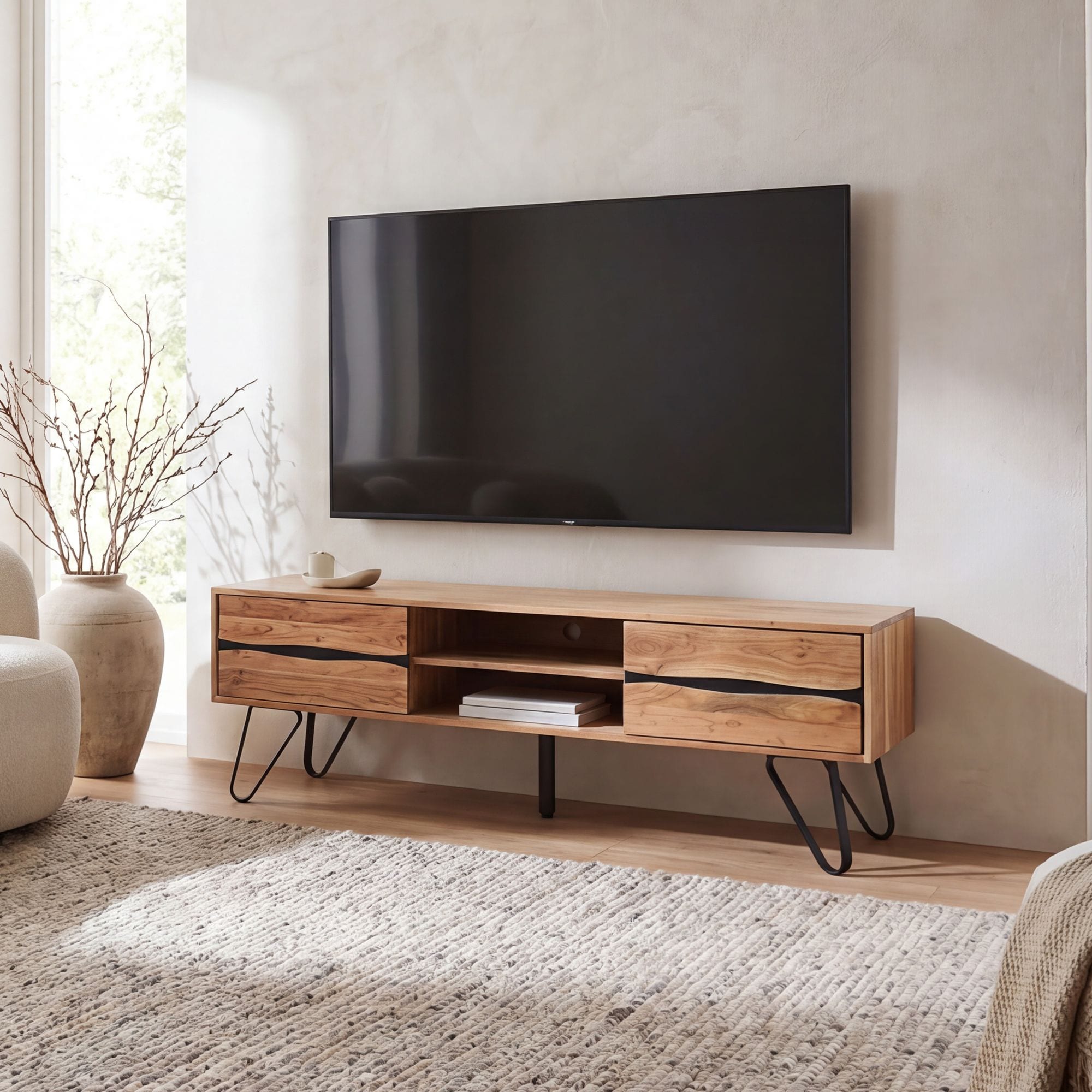 TV Board Lowboard Fernsehschrank Akazie Massivholz 160cm Fernsehtisch mit T&uuml;ren 