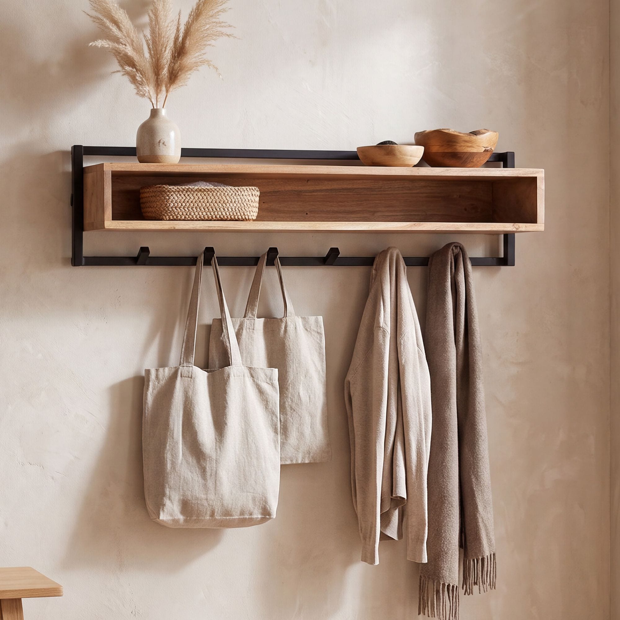 Wandgarderobe Massivholz 90cm H&auml;ngegarderobe Flurgarderobe mit Ablage 6 Haken 