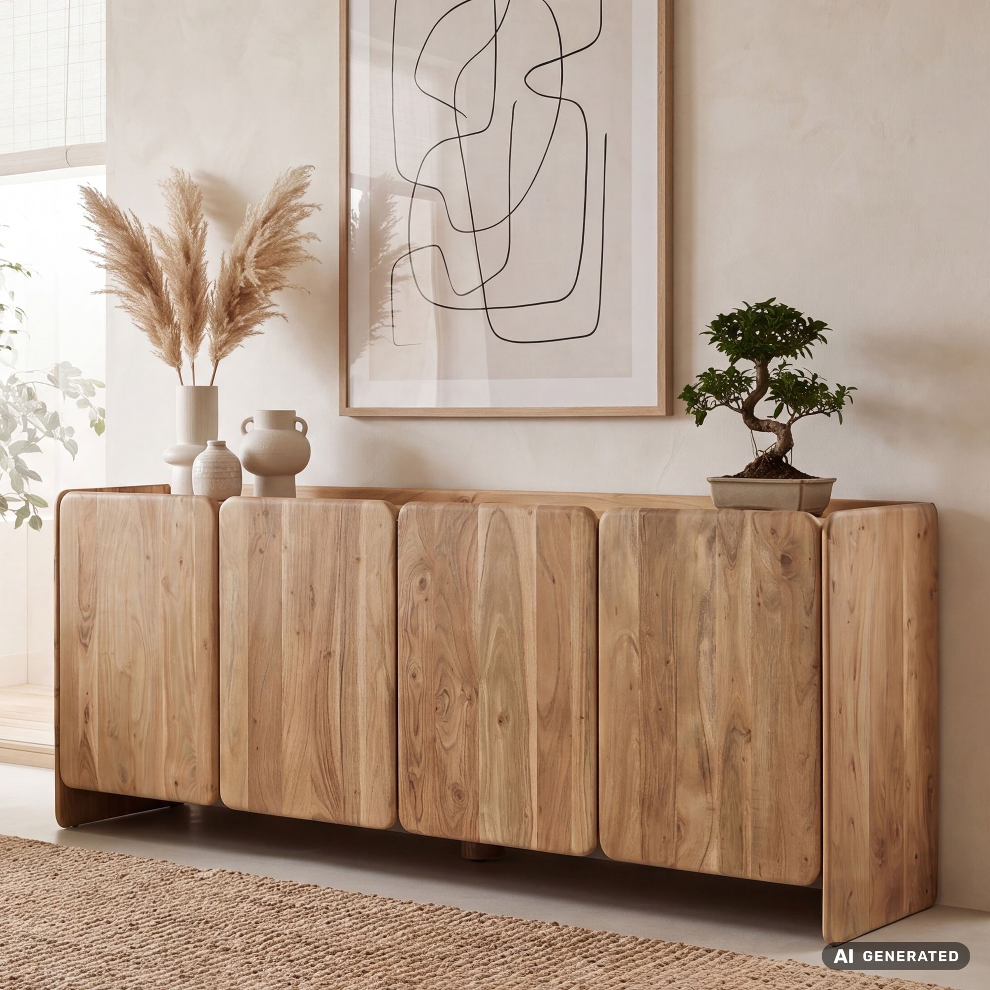 Sideboard Akazie Massivholz 180cm Anrichte Kommode 4 T&uuml;ren Holzkommode Handmade 