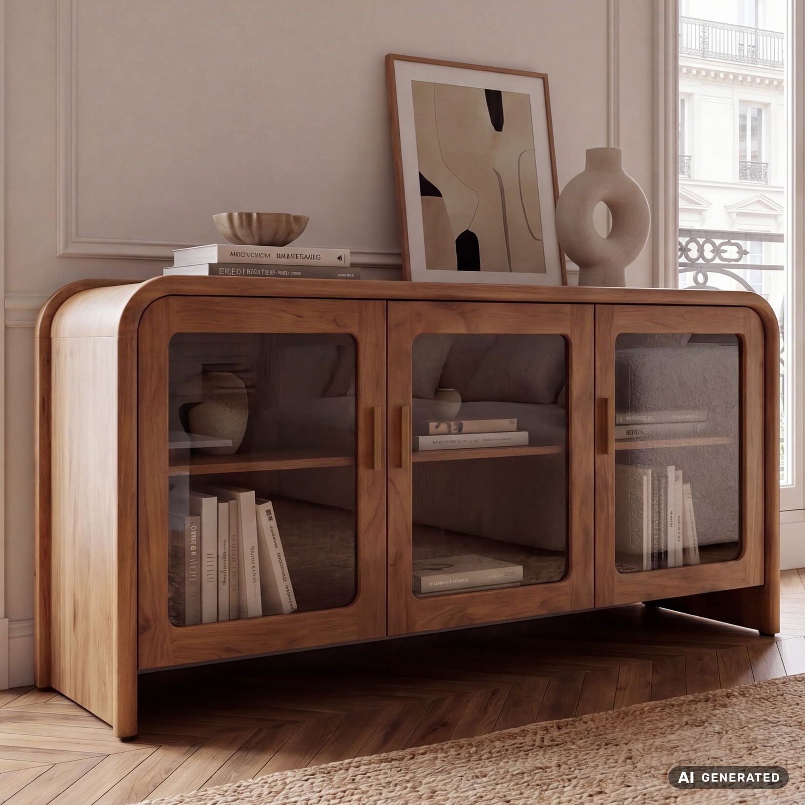 Sideboard Mango Massivholz 160cm Anrichte Kommode 3 Glas Türen Holzkommode Groß