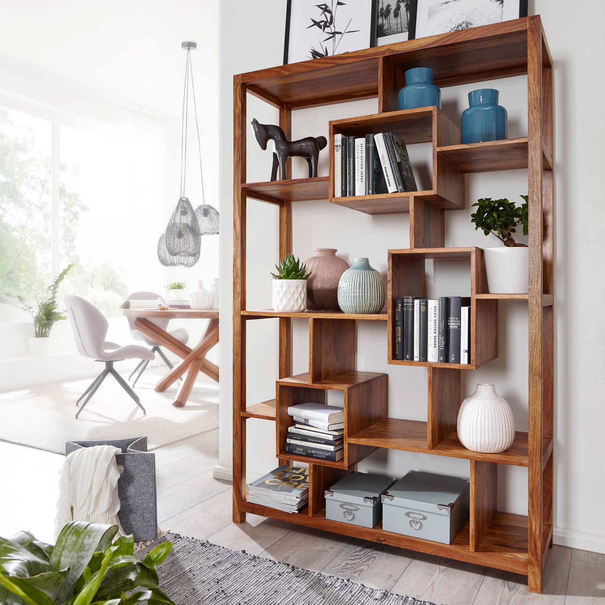 FineBuy B&uuml;cherregal Massiv Sheesham 180 cm Massivholz XXL Regal Raumteiler 