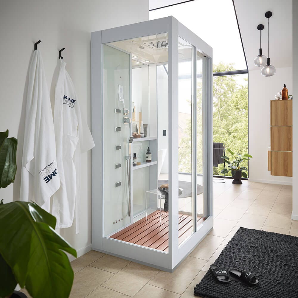 HOME DELUXE Dampfdusche mit Wasserfall und Dampfsauna LUXORY - 120 x 90 cm Weiß