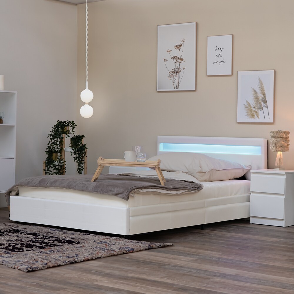 HOME DELUXE LED Bett mit Schubladen und Matratze NUBE - 140 x 200 cm Wei&szlig; 