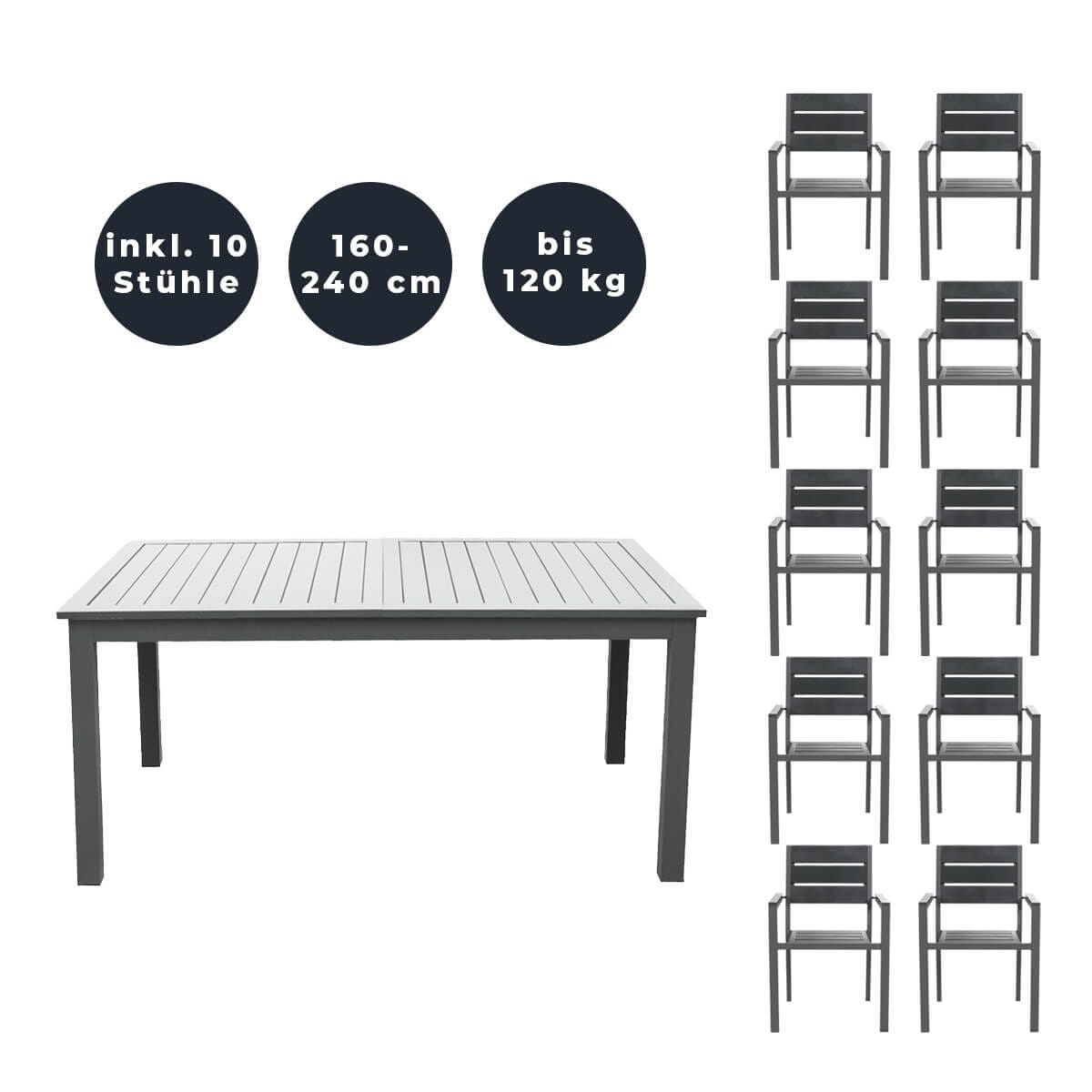 HOME DELUXE Garten-Sitzgruppe ausziehbar CASA MADERA - 160/240 x 100 cm 10 St&uuml;hle 