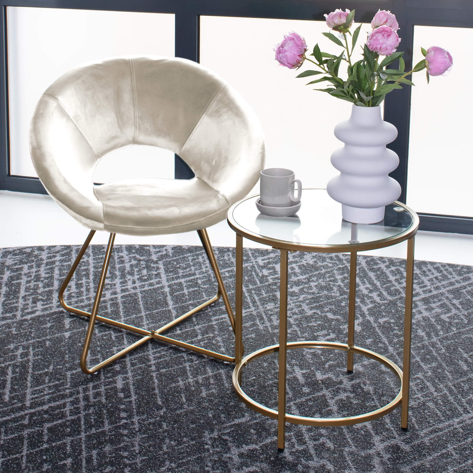 HOME DELUXE Samtstuhl mit Beistelltisch SELESA - Beige 