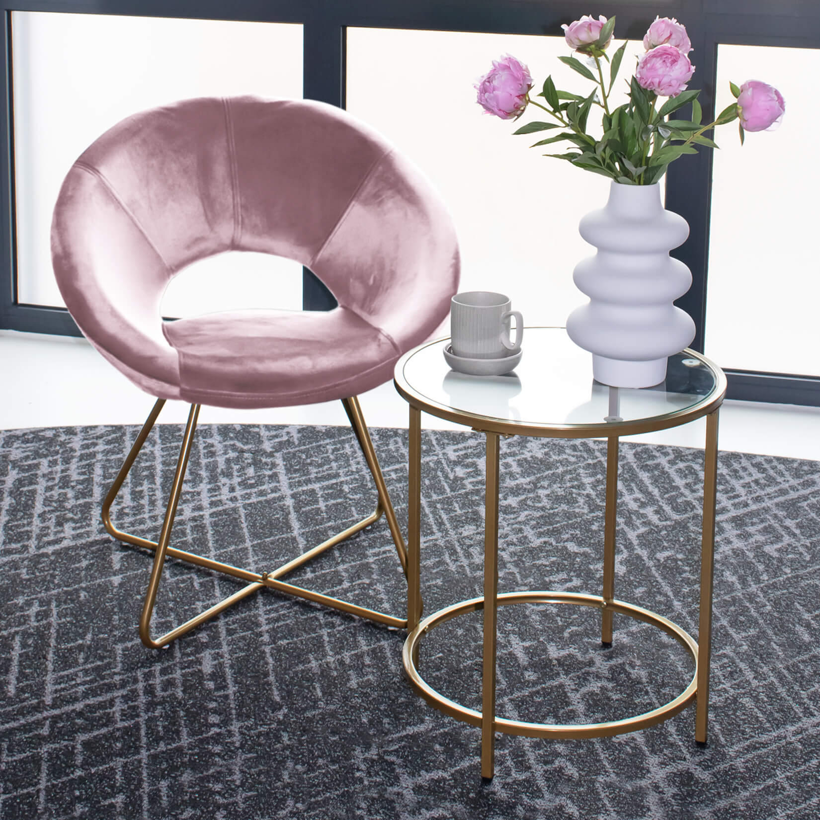 HOME DELUXE Samtstuhl mit Beistelltisch SELESA - Rosa 