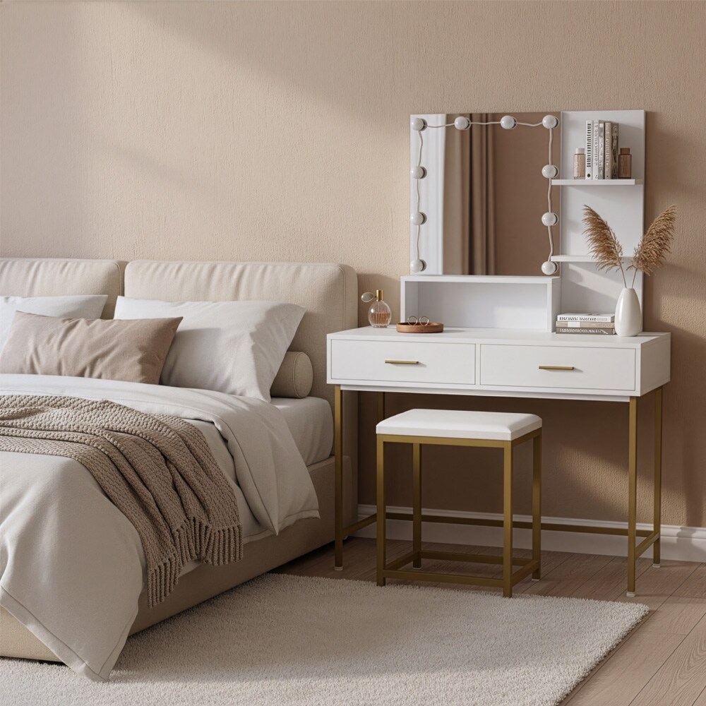 HOME DELUXE Schminktisch mit Spiegel und LED-Beleuchtung KASIA &ndash; Wei&szlig;/Gold 