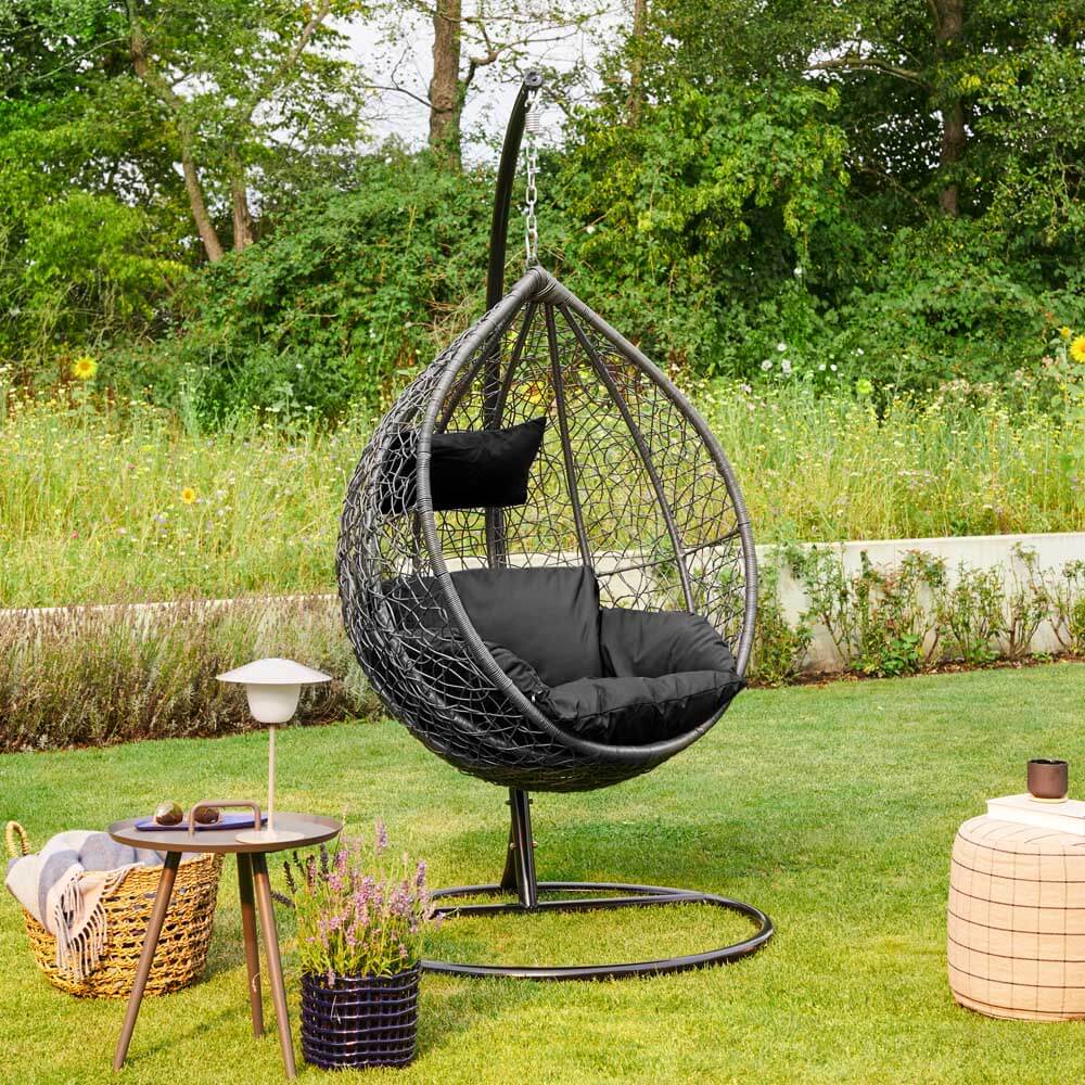 Polyrattan H&auml;ngesessel mit Regenabdeckung CIELO - Schwarz 