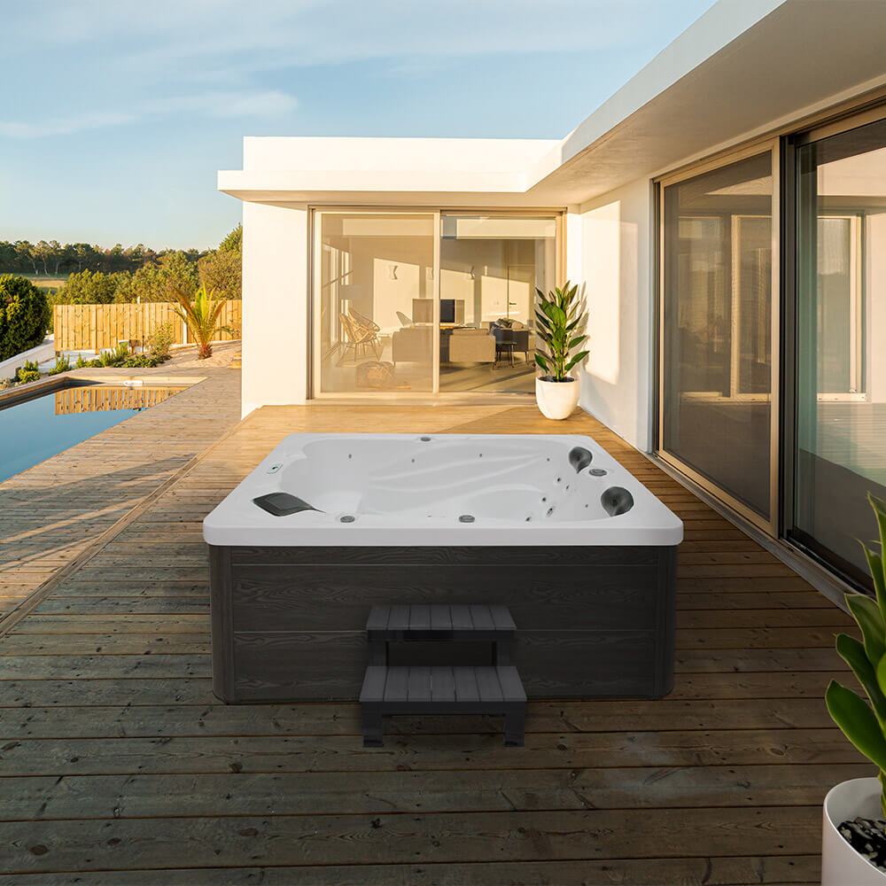 HOME DELUXE Outdoor Whirlpool mit Treppe und Thermoabdeckung SUNSET - 220 x 156 cm f&uuml;r 3 Personen 