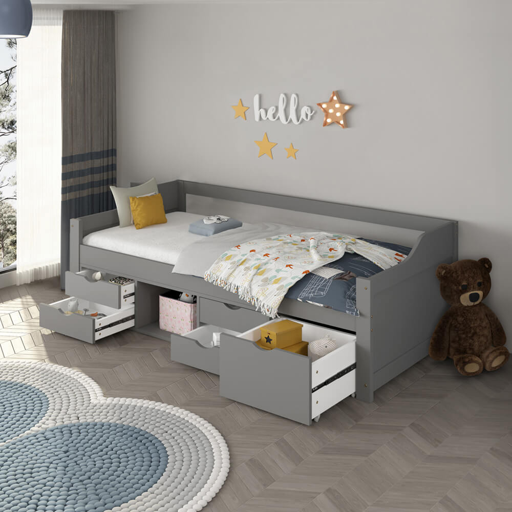 HOME DELUXE Kinderbett COSMOS mit Schubladen - 90 x 200 cm Grau 
