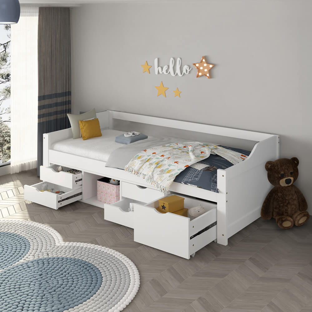 HOME DELUXE Kinderbett COSMOS mit Schubladen und Matratze - 90 x 200 cm Wei&szlig; 